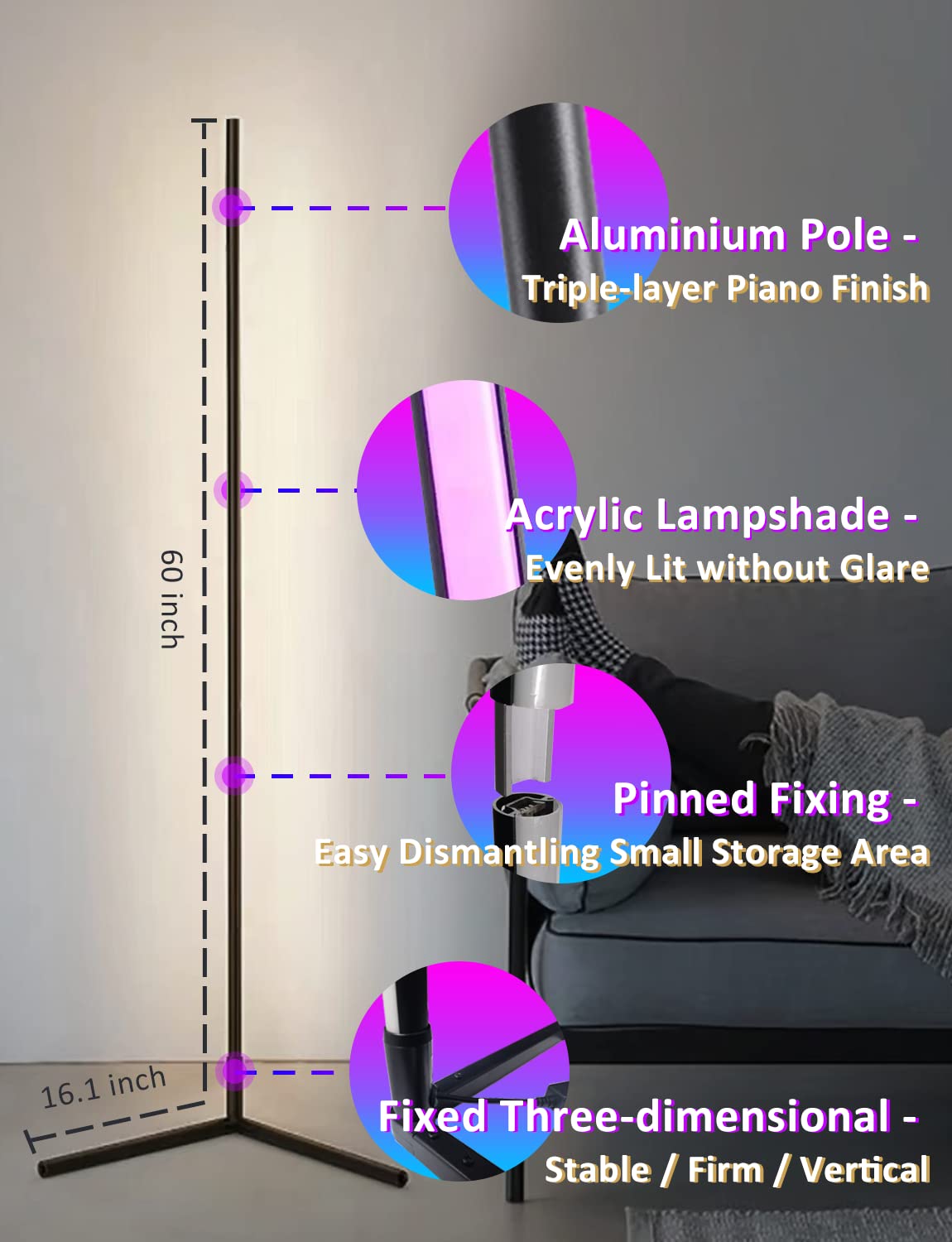 Corner Floor Lamp,60Smart Rgb Led Corner Lamp With App And Remote Control, Color Changing Ambience Light With Music Sync, Easy T