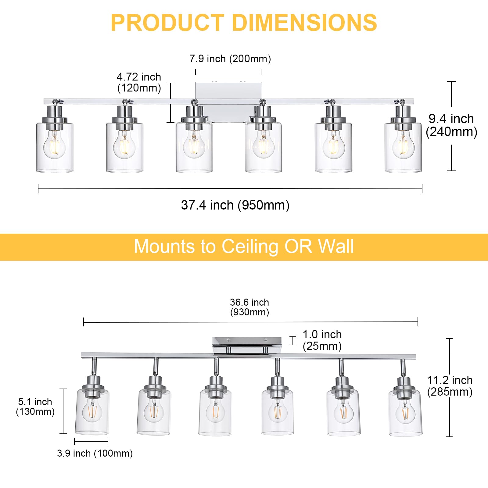 Wanluce 6-Light Chrome Track Lighting Kit, Iron Multi-Directional Fixtures for Kitchen & Bathroom, Model 16450SP-6CH