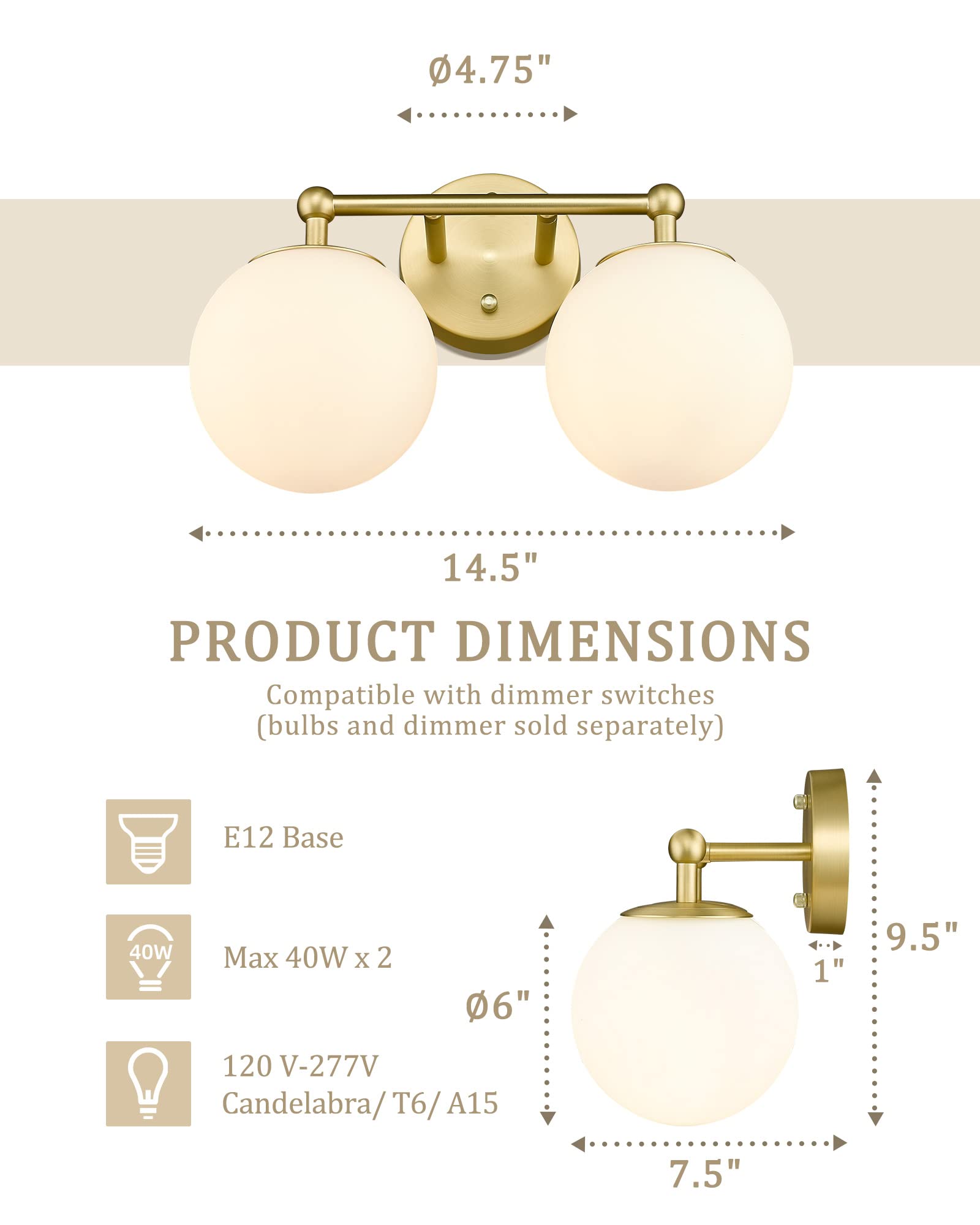 Akezon Gold Bathroom Light Fixtures, 2-Light Vanity Lights Over Mirror Wall Sconce With White Etched Glass Globe, Kw-7308-2