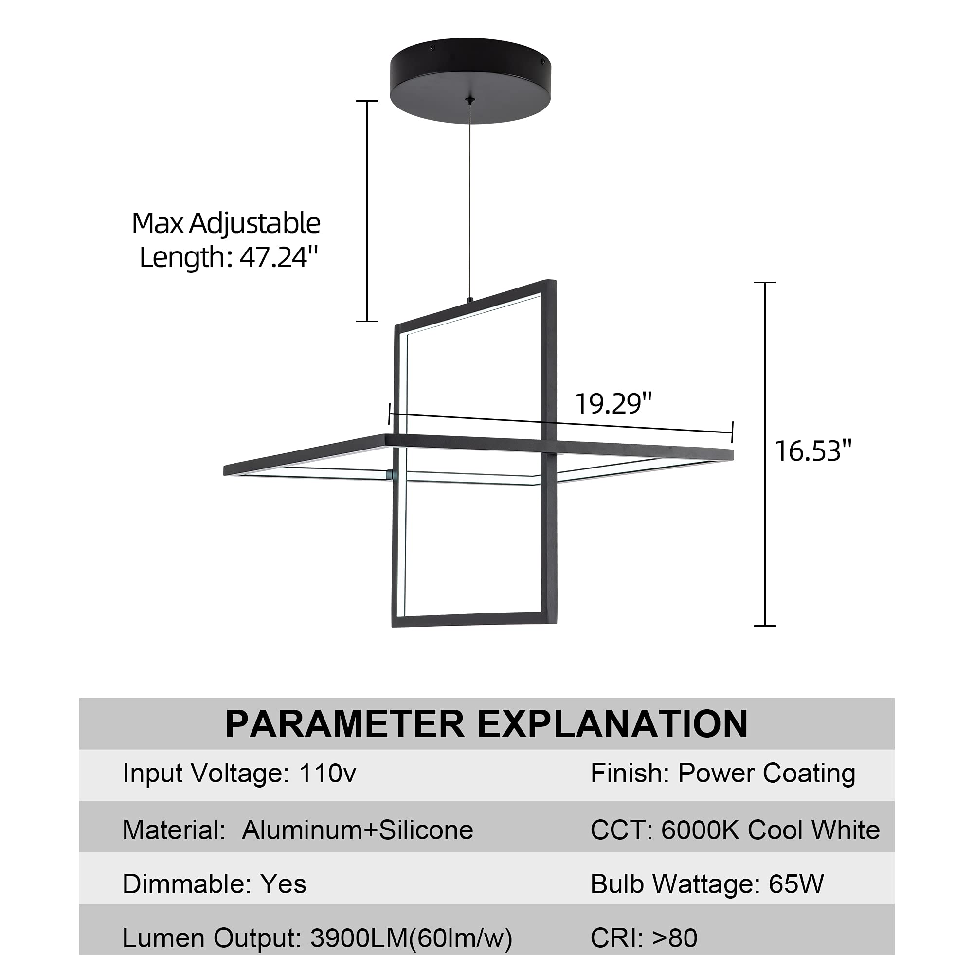 SUNMOO Modern LED Chandelier, Dimmable Square Pendant Light, 65W, 6000K Cool Light, Ideal for Living Room, Dining, Bedroom, Kitchen