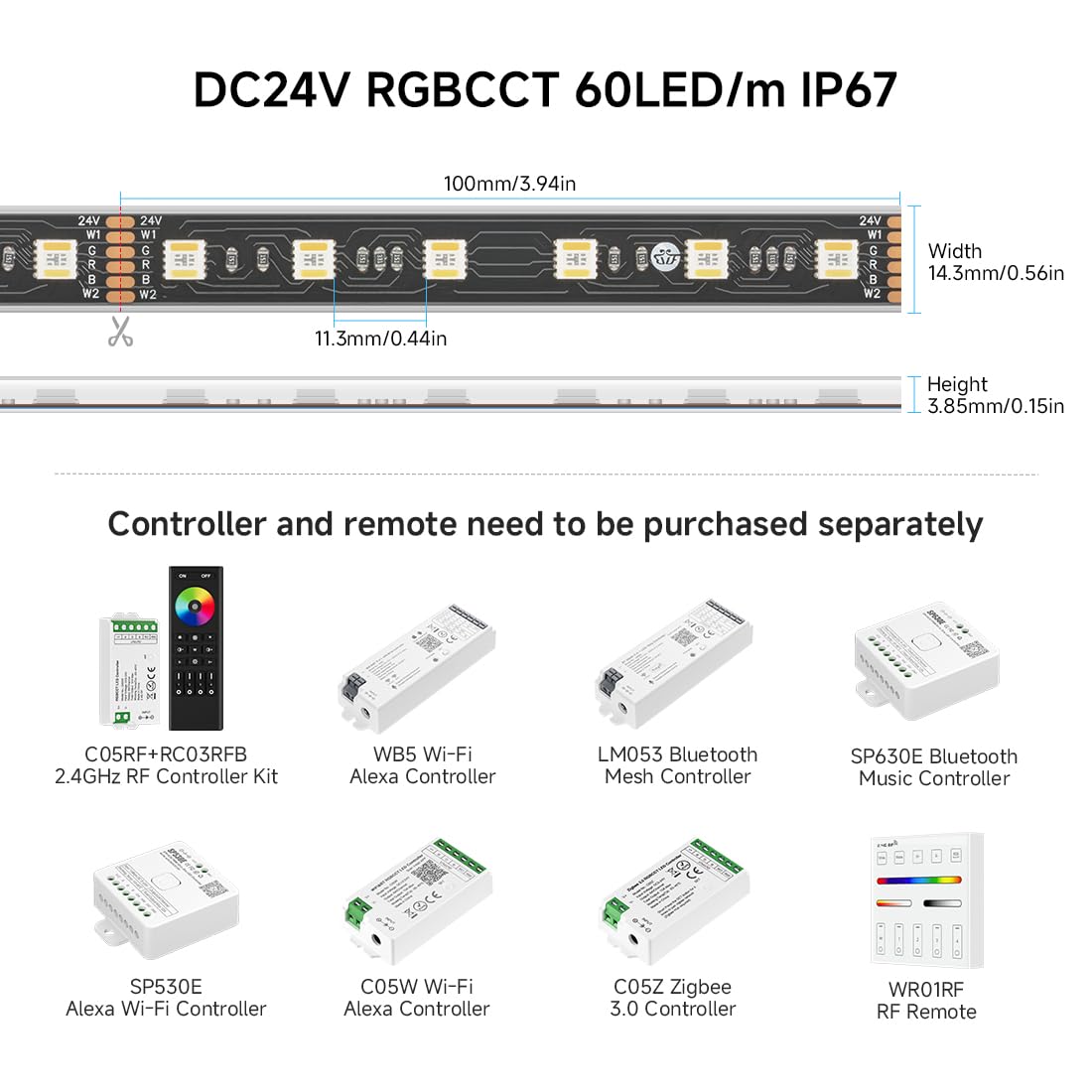 BTF-LIGHTING RGBWW LED Strip Lights 16.4ft 60LEDs/m IP67 Black PCB DC24V Model HD-24V-5050-5IN1-60