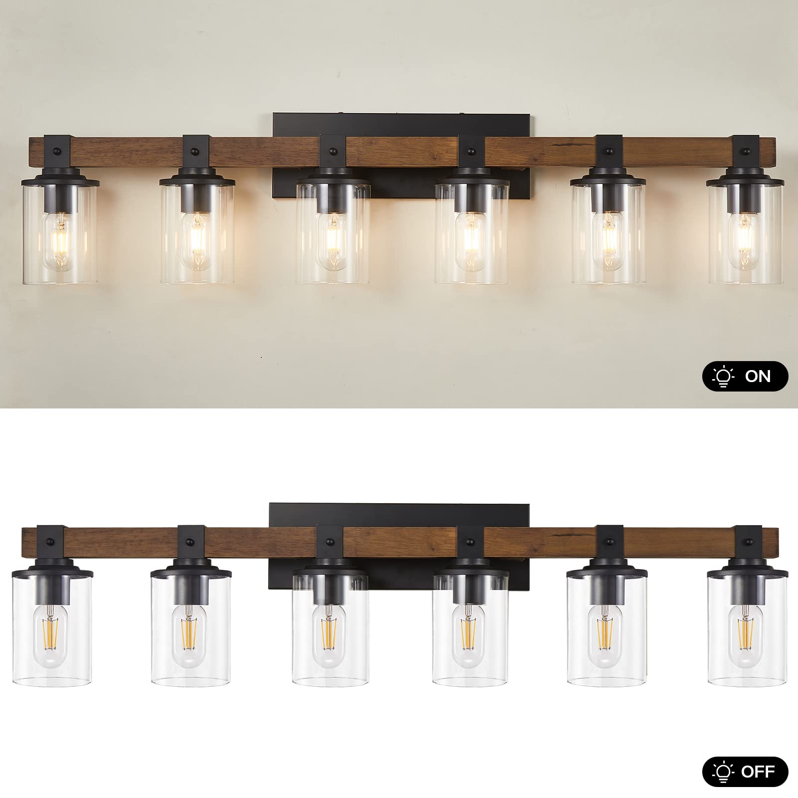 DADUL 6-Light Bathroom Vanity Light, Antique Wood & Metal, Clear Glass Shades, Model GT-B01-100-06-LPA