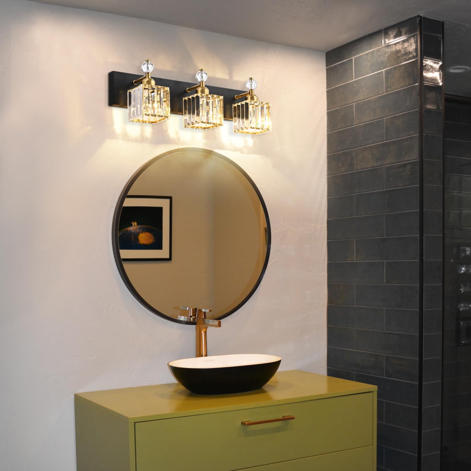 PRESDE Modern Crystal Bathroom Vanity Light 3-Lights Stainless Steel Black/Gold