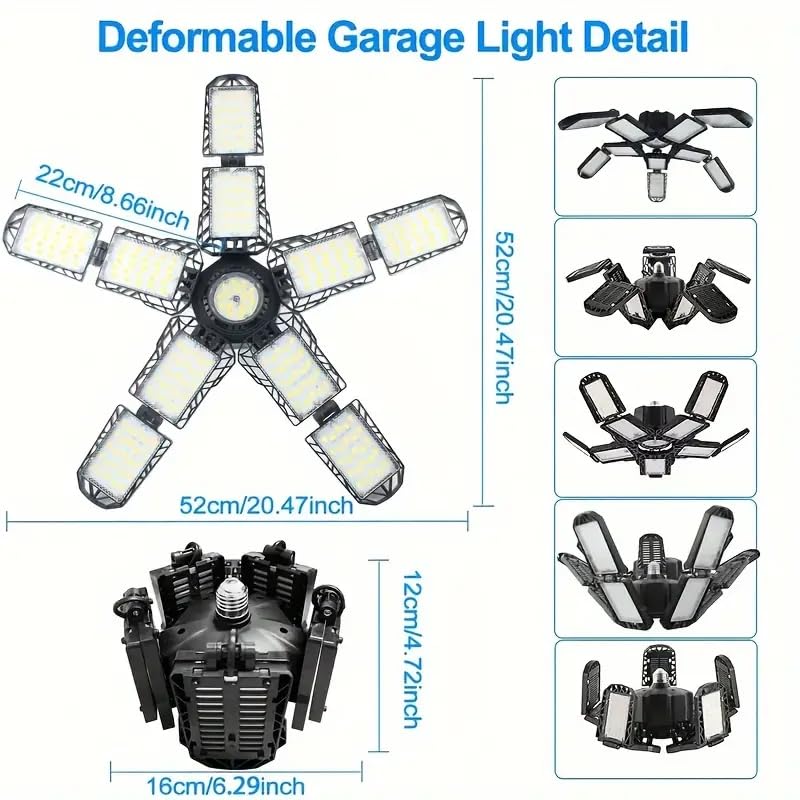 PINSAI 2 Packs LED Garage Light, 260W 26000 Lumen E26/E27 Deformable Ceiling Lamp with 10+1 Adjustable Panels, Black