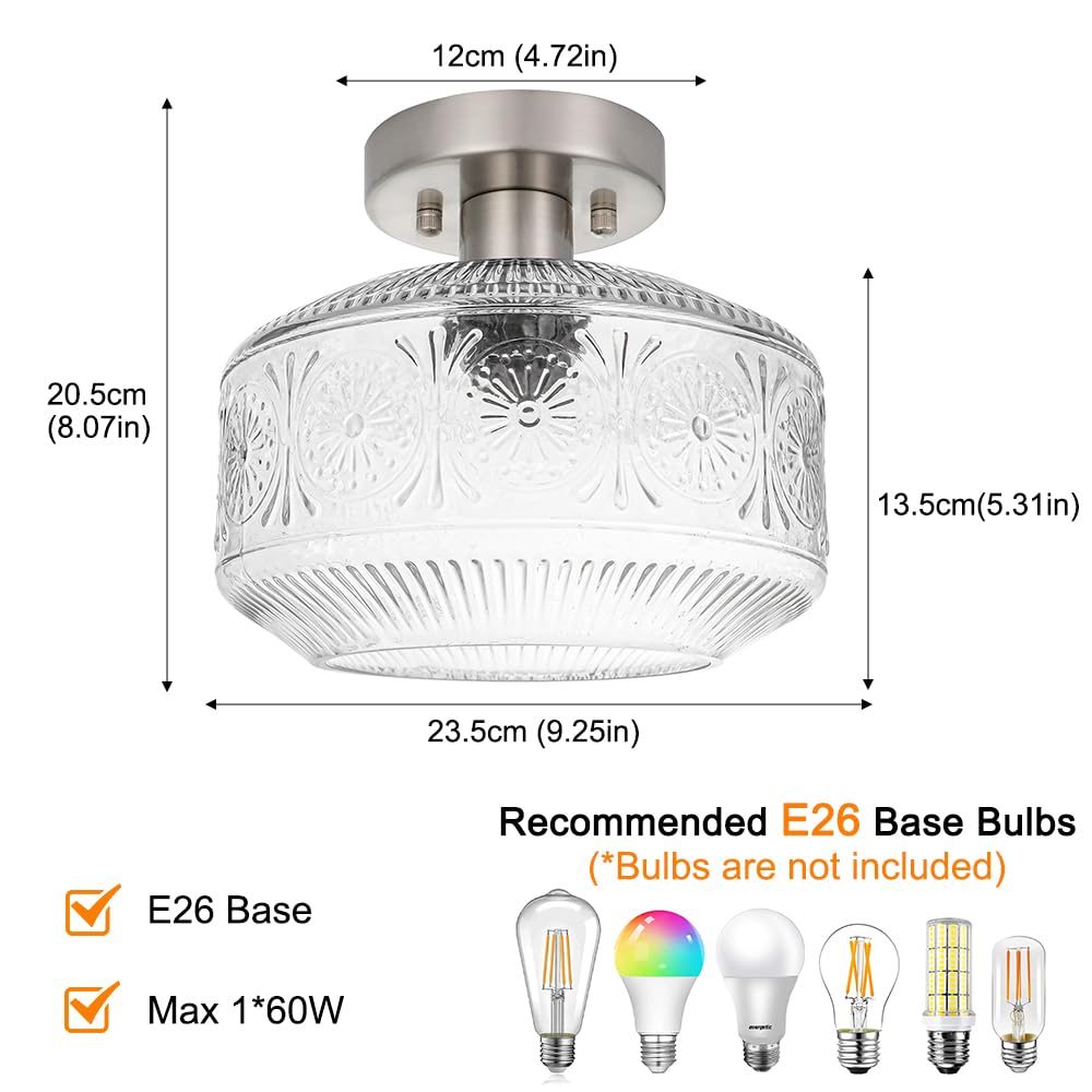 Dsmjfu Semi Flush Mount Ceiling Light, Vintage Small Ceiling Light Fixture, Thickened Glass Hallway Light Fixture, Brushed Nickel Kitchen Ceiling Mount Light For Entry Way, Bedroom, Bathroom