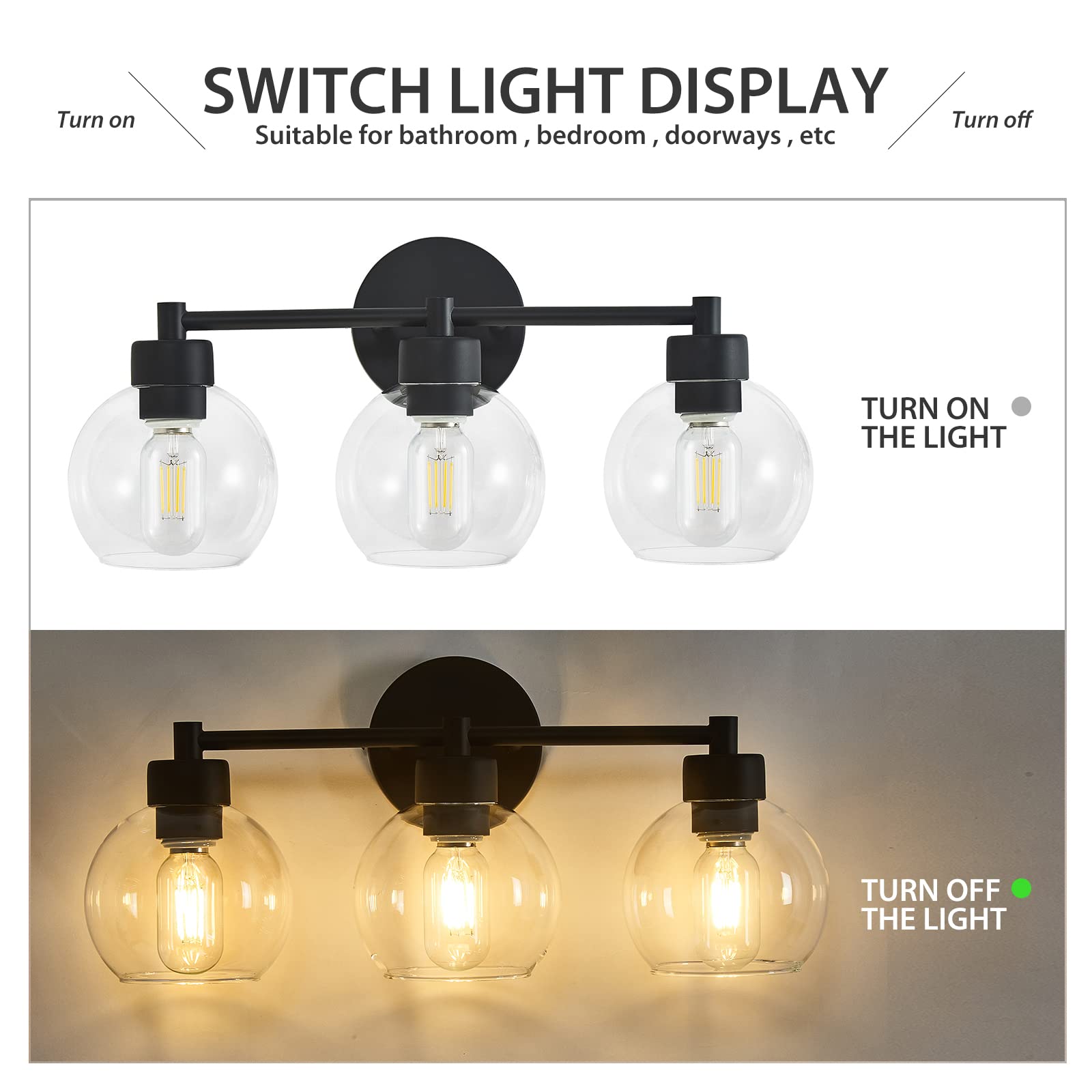yenlacy Bathroom Light Fixtures, Matte Black Vanity Light 3 Light, Globe Glass Shade, Metal Base, Model HSL-B85-045-03-BK
