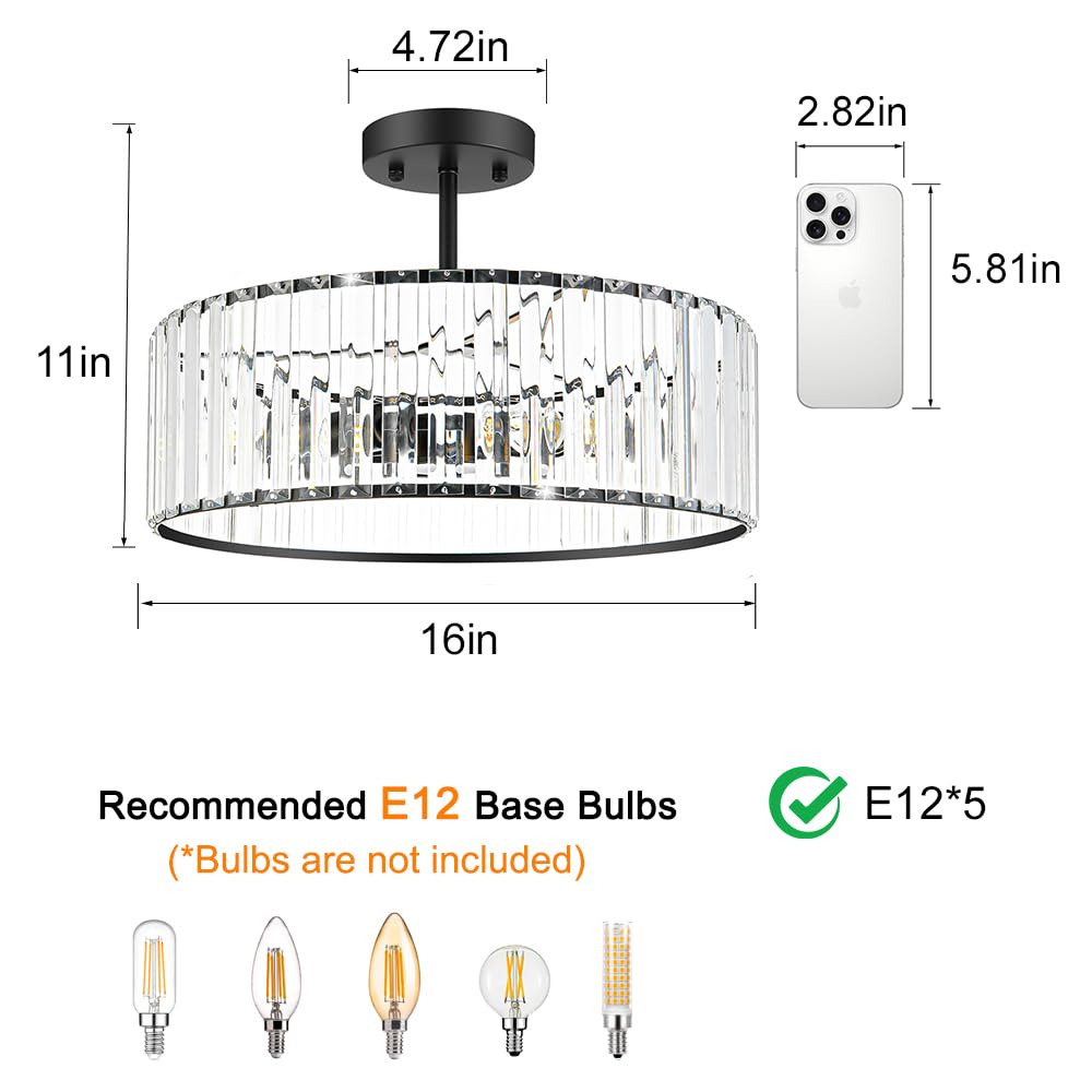 Modern Crystal Ceiling Light Fixture  Semi Flush Mount Ceiling Light  Matte Black Hallway Lighting Fixtures Chandelier  Crystal Chandelier For Kitchen Bedroom Dining Room Closet  5-Light  16 Inch