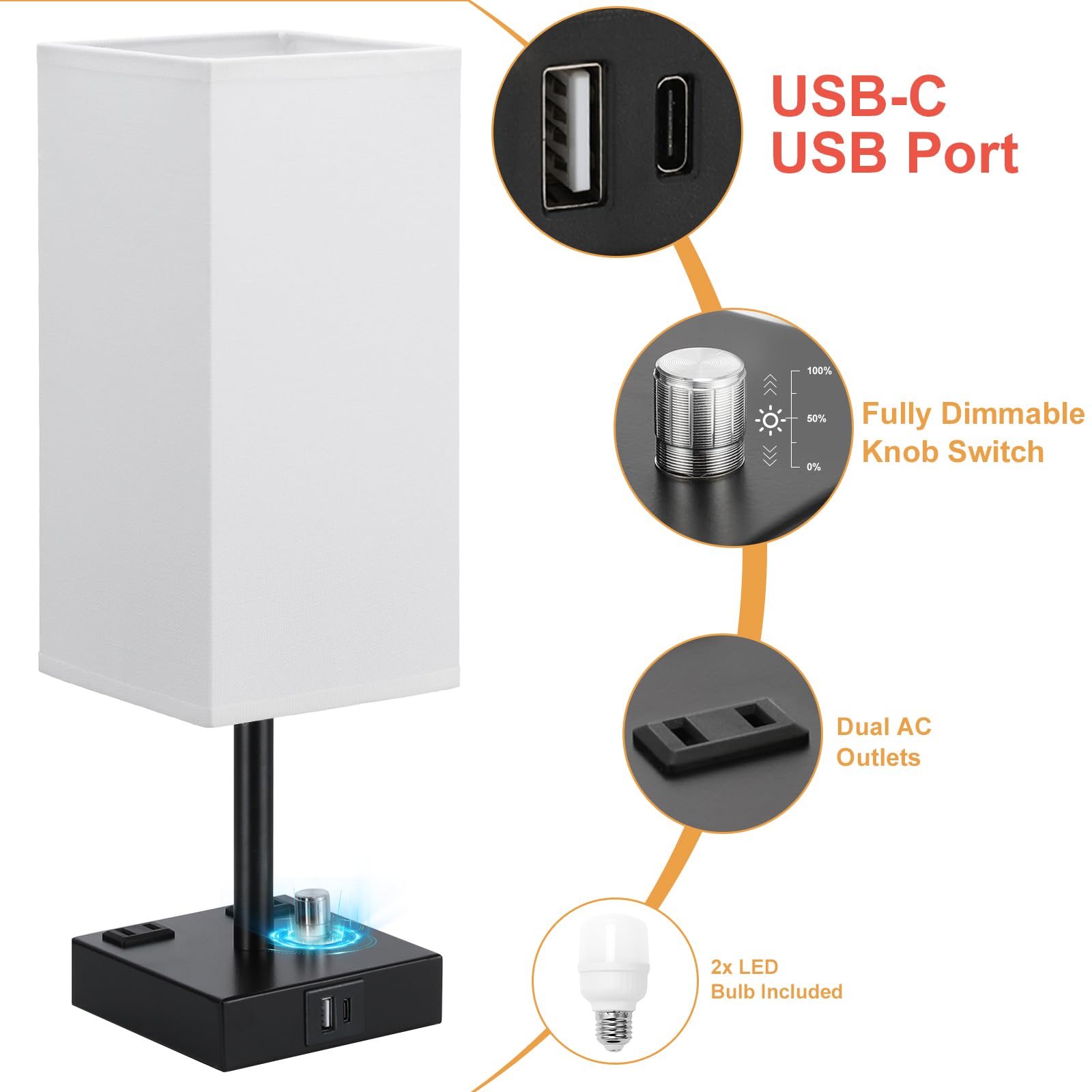 White Fully Dimmable Nightstand Lamps Set Of 2 - Table Bedside Lamp With Usb C+A Charging Ports & 2 Ac Outlets, Square Lamp Sets