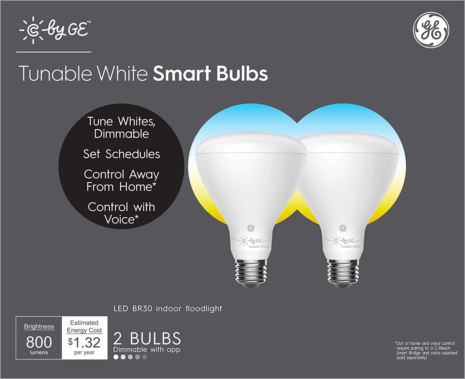 Cync Smart Flood Light Bulbs, Bluetooth Enabled, Tunable White, 2 Count, Cool & Warm White, Model CLEDR309S2/ST2P