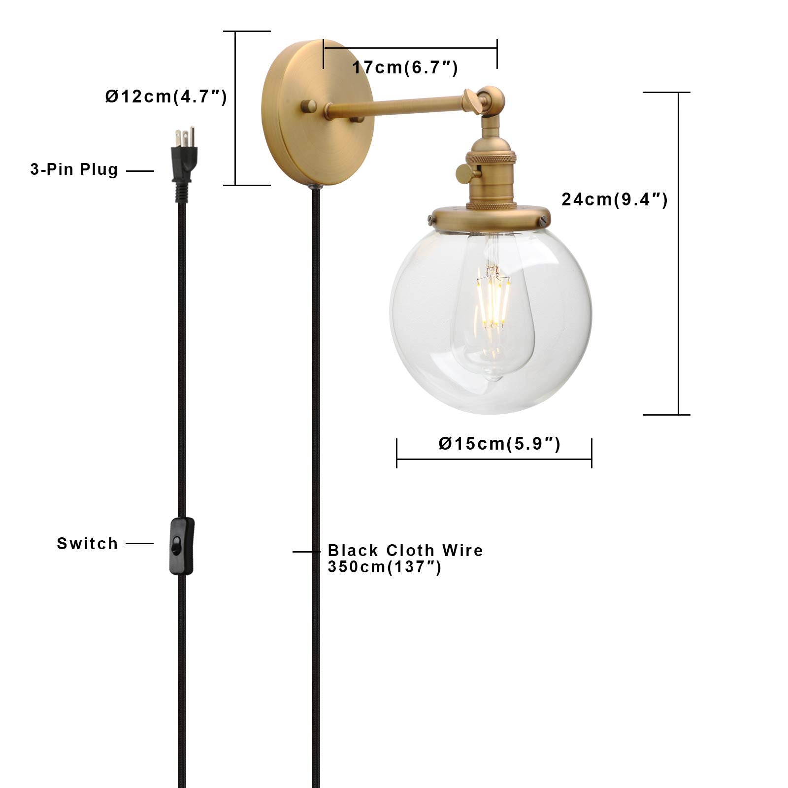 Permo Plug In Sconce On/Off Switch Wall Sconce With 5.9 Round Globe Clear Glass Shade Vintage Industrial 1-Light Wall Lamp Light