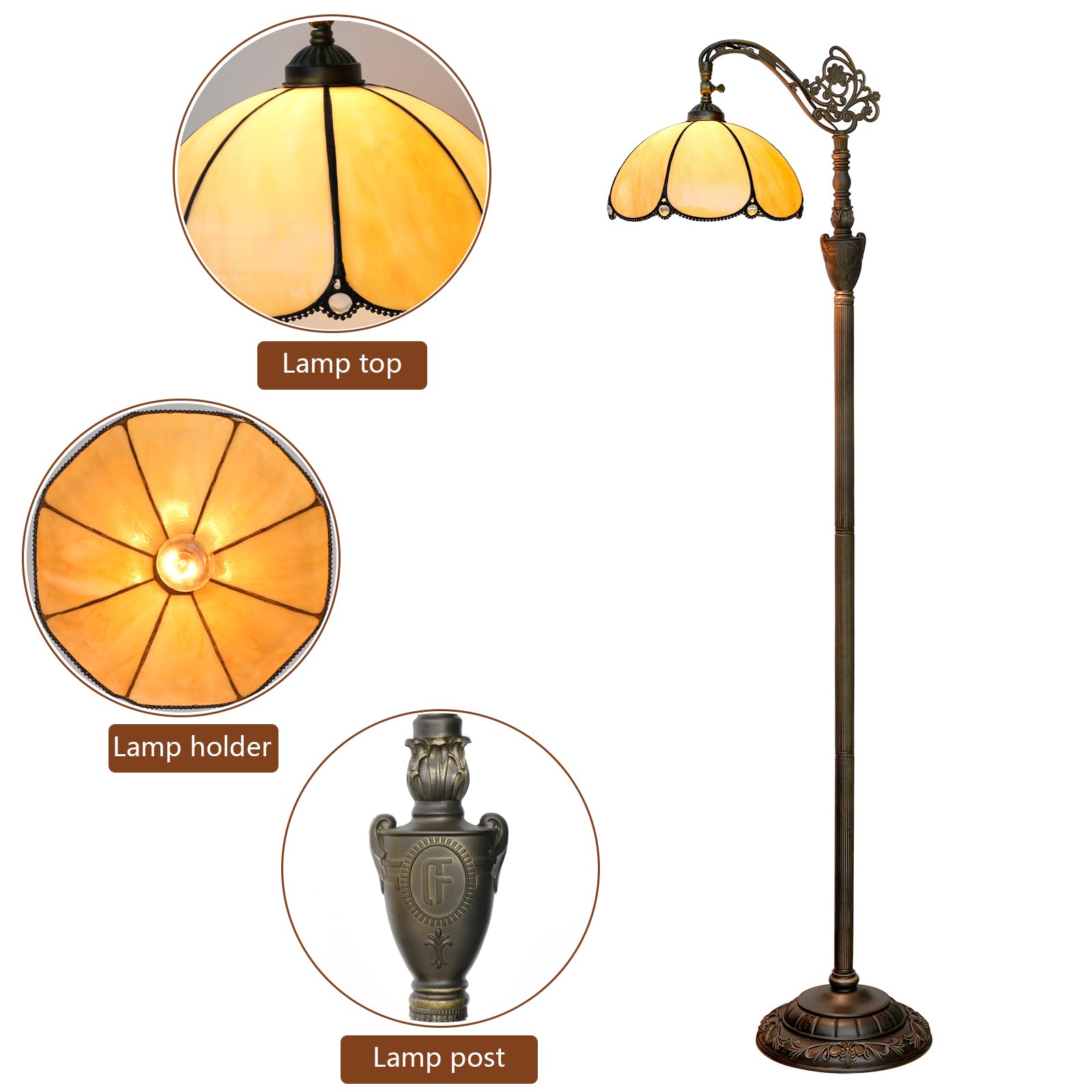 Blivuself Tiffany Floor Lamp - Adjustable Stained Glass Gooseneck Light, 63" Rustic Style, Yellow, Model F12OFX007E