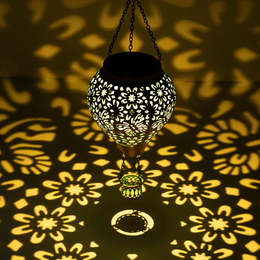 Stargarden Hot Air Balloon Solar Lantern, Butterfly Hollow Out Metal Hot Air Balloon Decorations, Green Hanging Solar Lantern, Waterproof Solar Outdoor Lights For Porch Decor