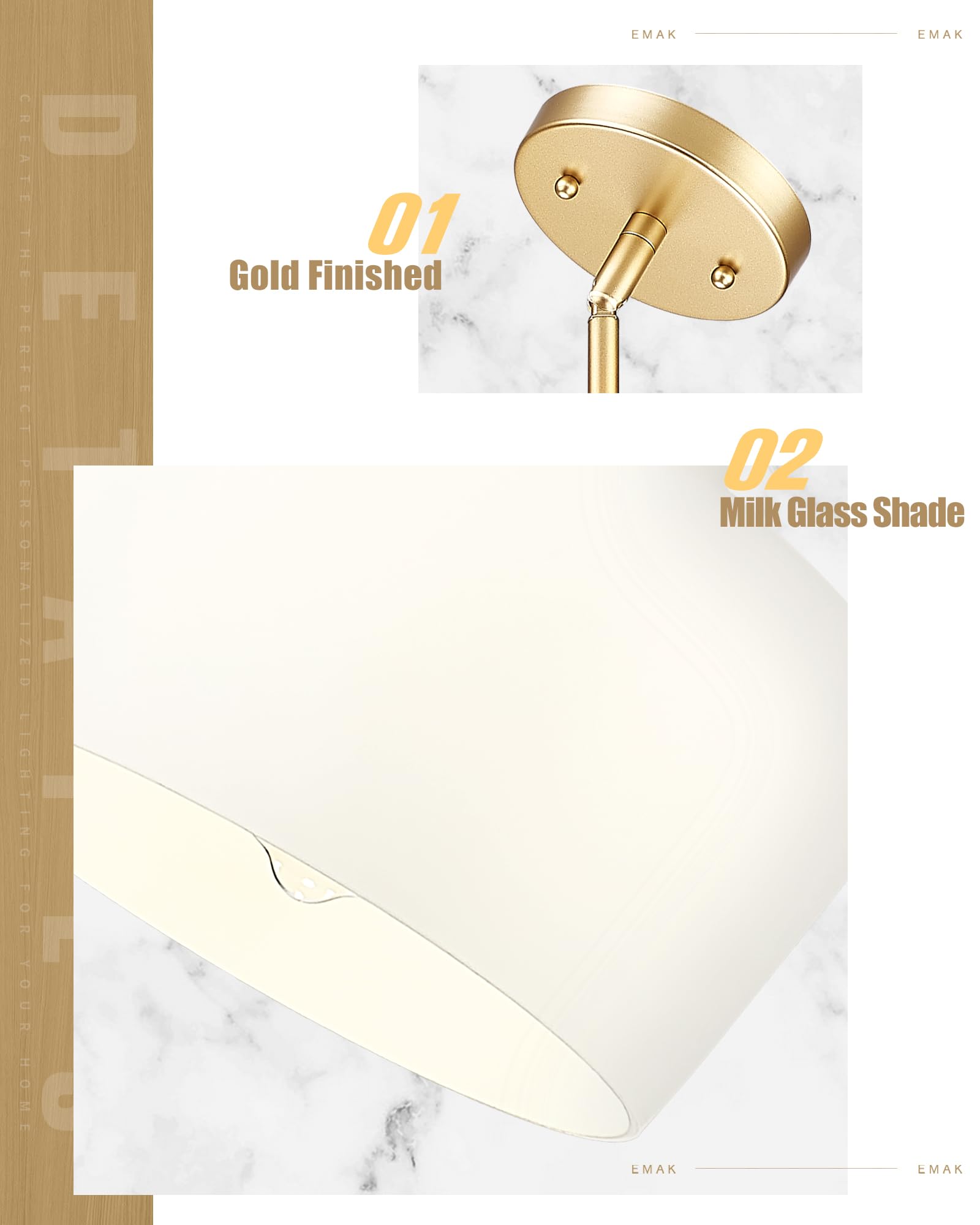 Emak Modern Pendant Lights Kitchen Island, 8 Inch Gold Pendant Light With Milk Glass Shade, Hanging Light Fixture For Kitchen Is