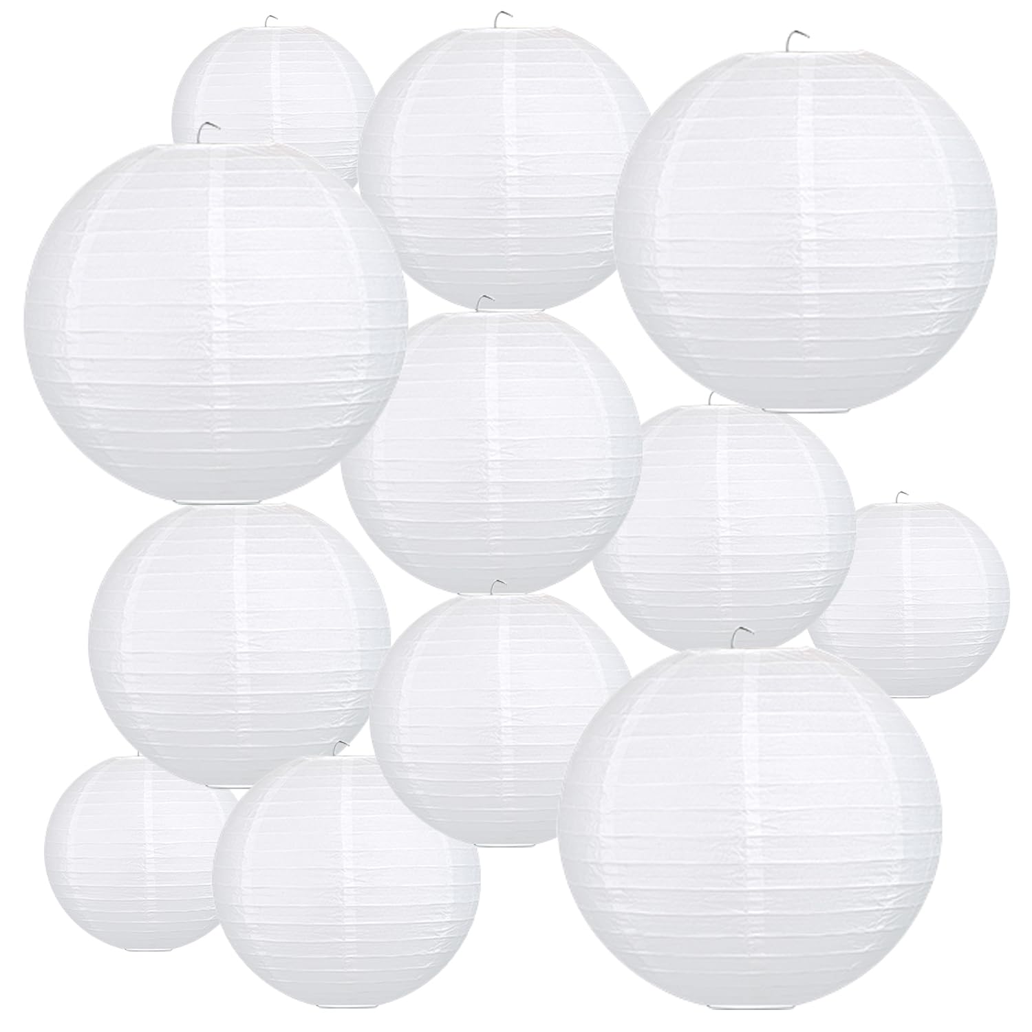 Peywot 12Pcs Round Paper Lanterns Assorted Sizes (6" 8" 10" 12") For Home Decor, Restaurant, Church, Wedding, Birthday Party Decorations, Hanging Chinese Japanese Paper Lantern Lamps (White)
