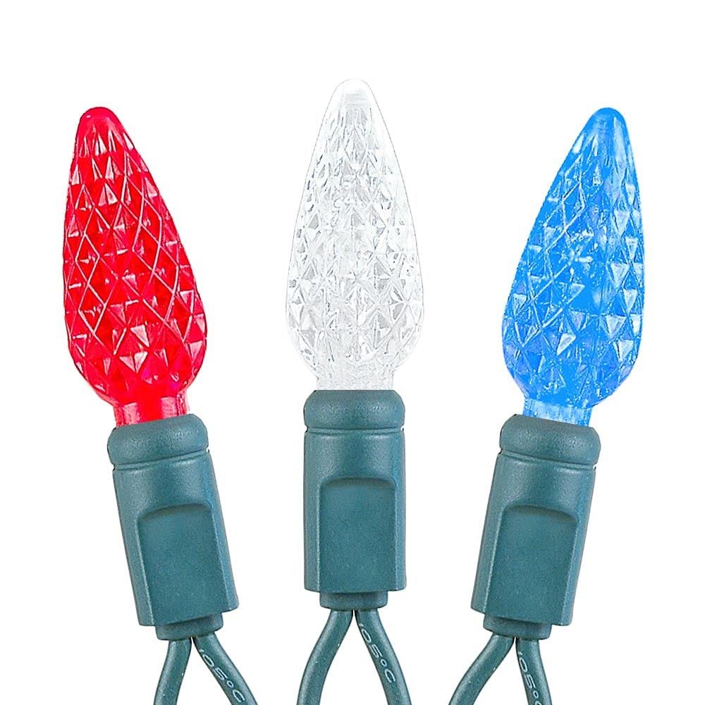 Novelty Lights C6 LED Christmas Mini Light Set, 70 Lights, Commercial Grade, 24 Feet, Red/White/Blue, Green Wire, Model CGC670-G-R/PW/B