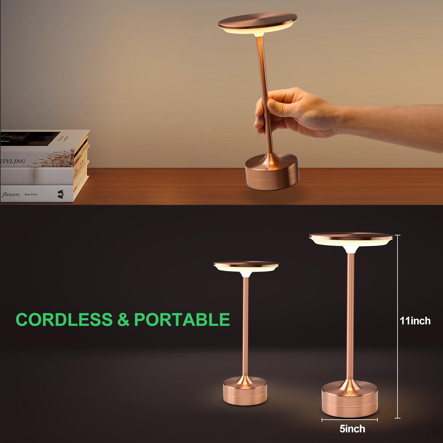 Hiseego Portable Cordless Table Lamp W/Touch Sensor, 3-Color Dimming, Cordless Rechargeable Battery Operated Lamp For Kids Nurse