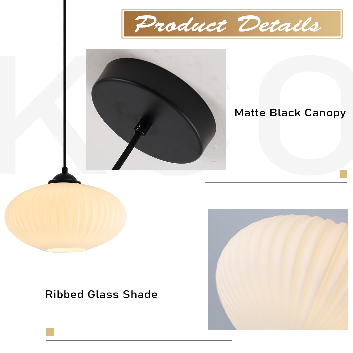 KCO Large Milk Glass Pendant Light - Black and White Mid Century Modern Fixture, Industrial Farmhouse Style, Model L1150-A-Black