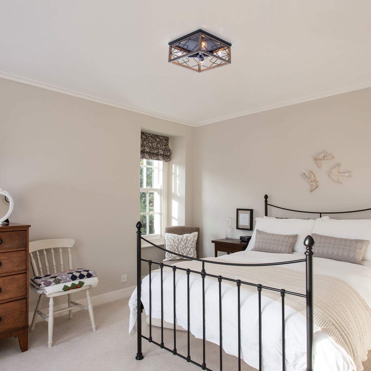 VILUXY Farmhouse Flush Mount Ceiling Light, 4 Lights, Metal, Rustic Design, Square, Pattern Wood Finish