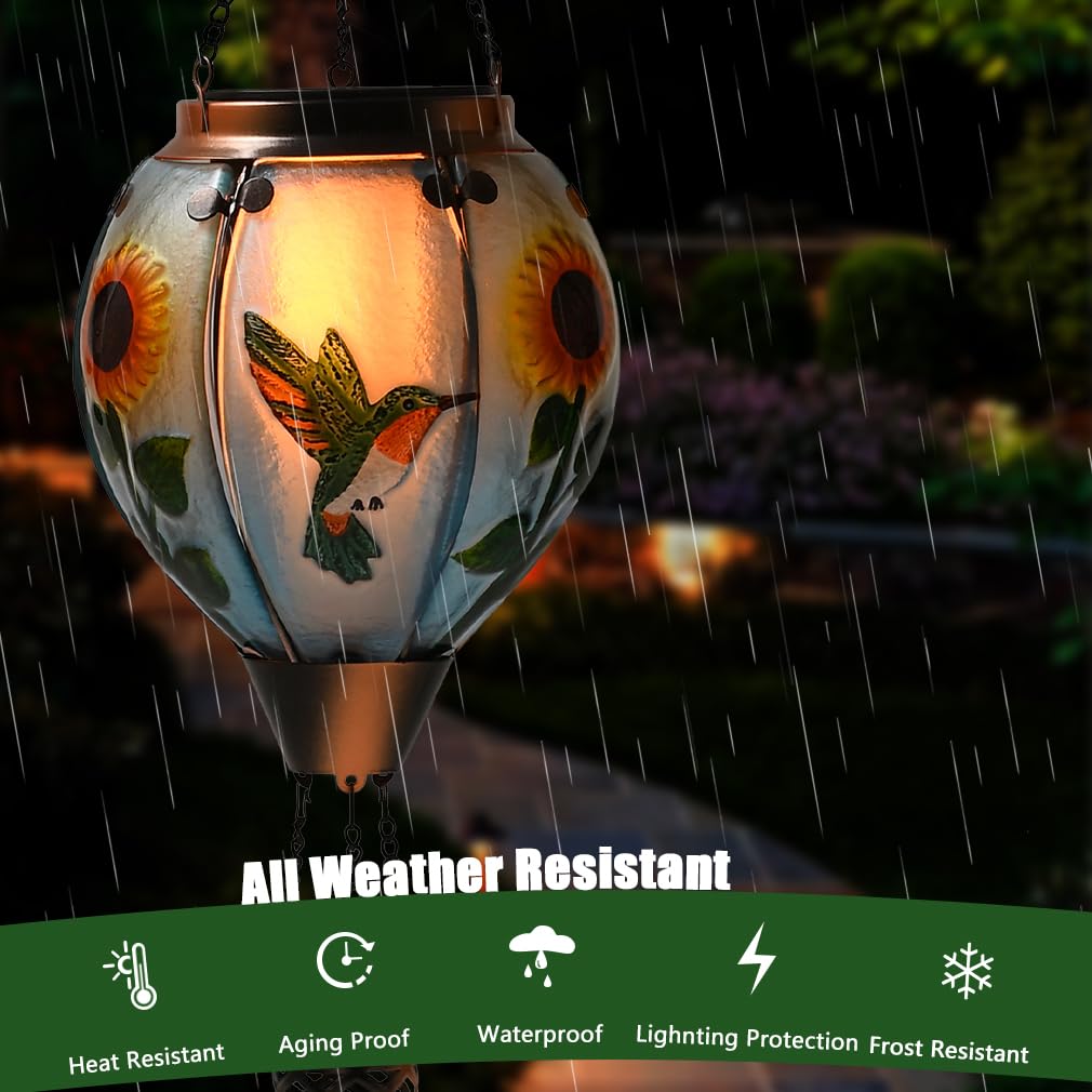 Hot Air Balloon Solar Lantern - Large Hummingbird Glass Lantern  Simulated Flickering & Dancing Flame  Outdoor Hanging Sunflower Yard Light Waterproof Ip65 For Patio Lawn Porch Decor Gift