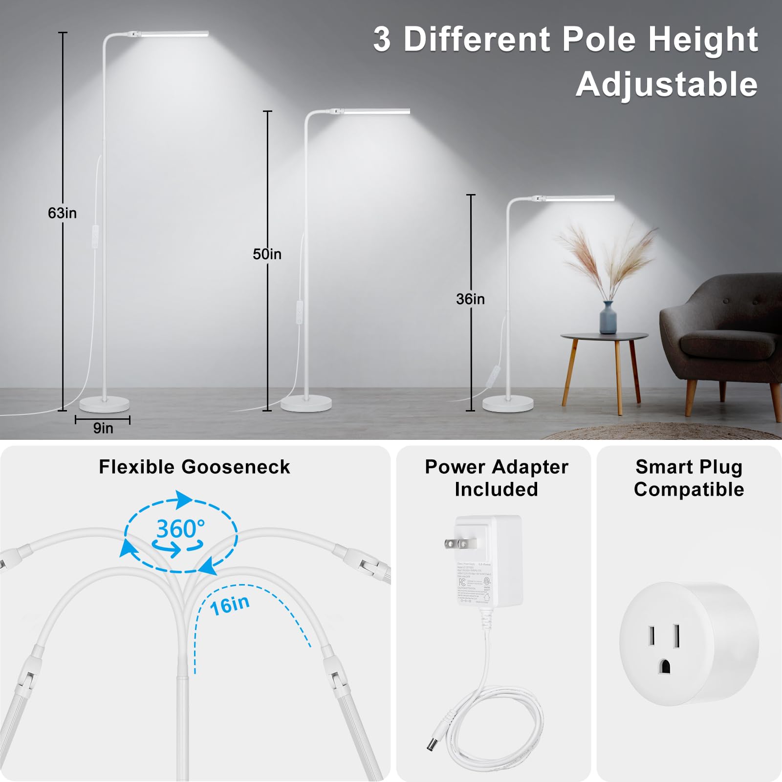 White Floor Lamp, 15W/1800Lm Bright Led Floor Lamp For Living Room, Adjustable Gooseneck Dimmable Standing Office Task Lamp For