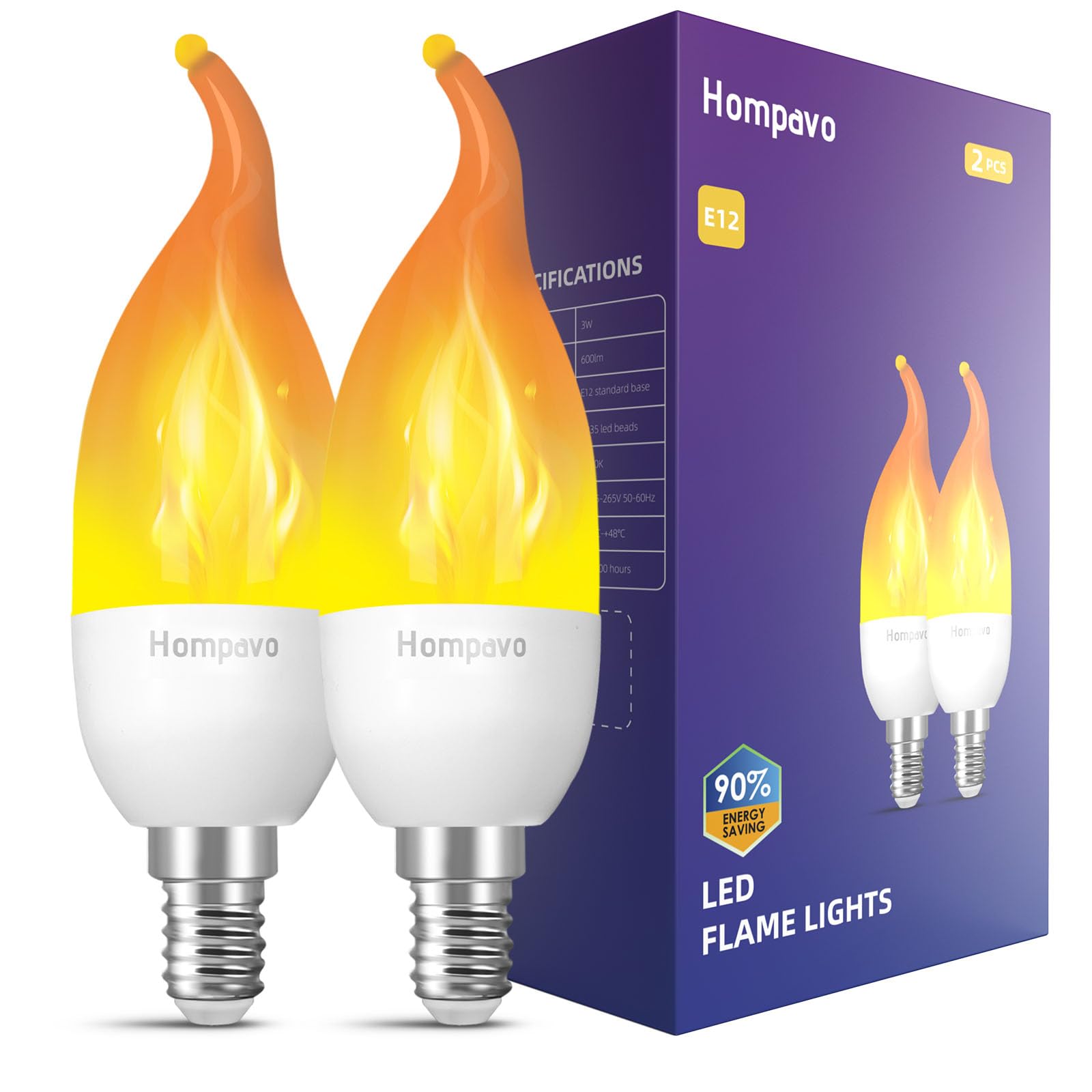 Hompavo ?Upgraded? LED Flame Light Bulbs, 3 Modes Flickering Light Bulbs, E12 Chandelier Base Candle Fire Light Bulb for Halloween Christmas Party Porch Indoor & Outdoor Home Decoration - 2 Pack