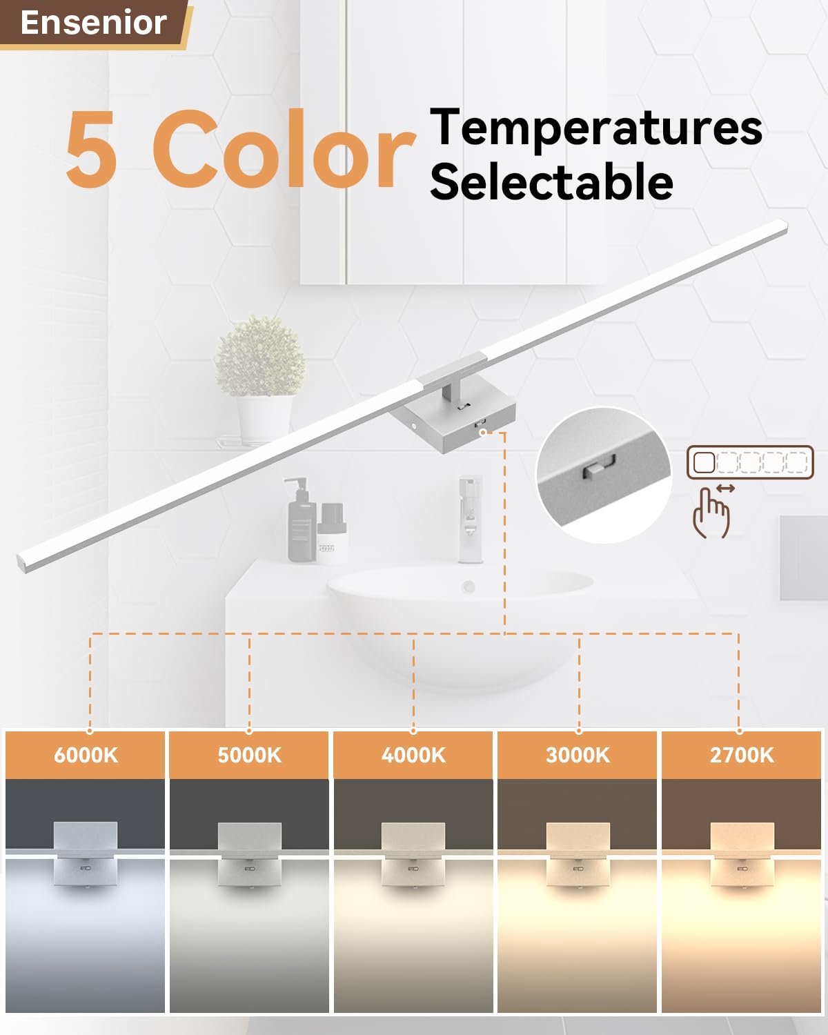 Ensenior Modern Bathroom Vanity Light 48 Inch, Built-In Dimmer, 28W Dimmable 5Cct Led Light Fixture Over Mirror, Silver Bar For