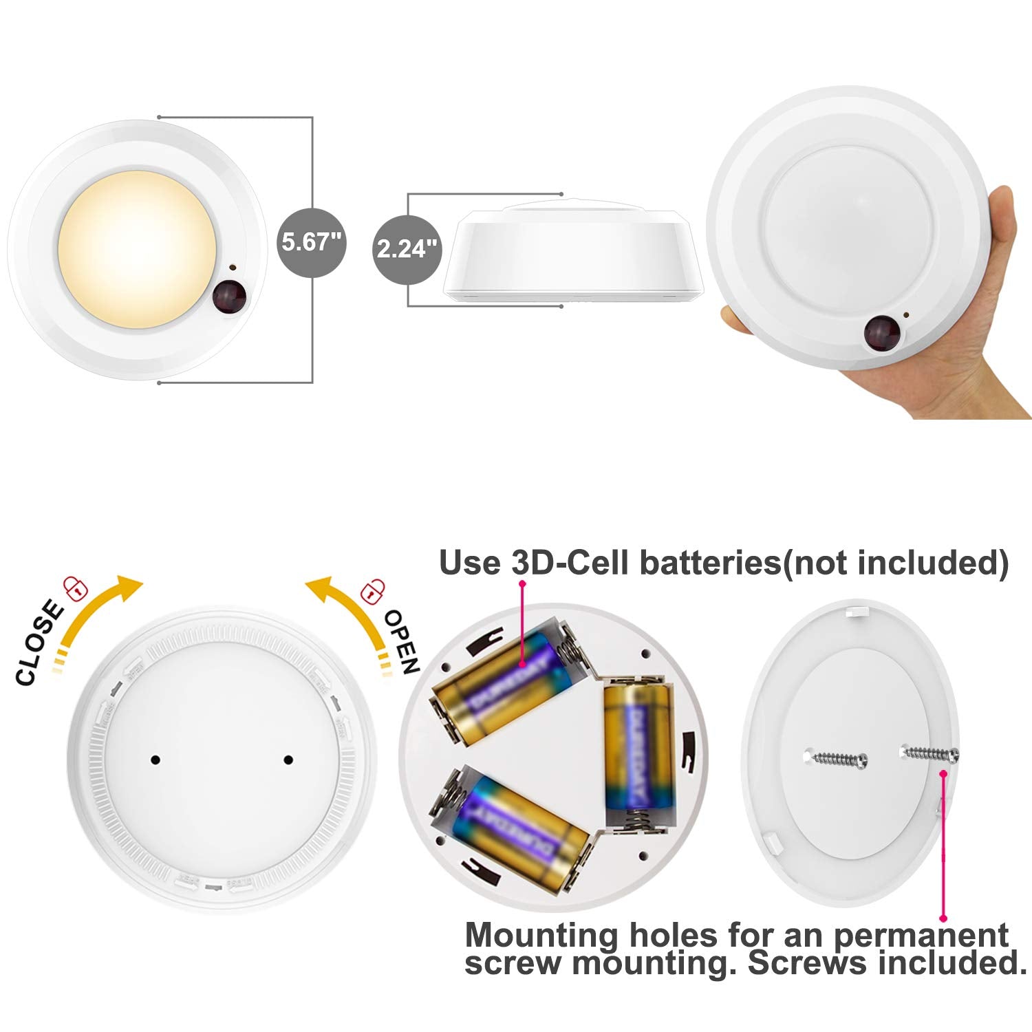 LUXSWAY Wireless Ceiling Lights, Dimmable 300 Lumens, 5.67 Inch, 2 Pack, Plastic, Model DY46IR-12C-2, Color Changing
