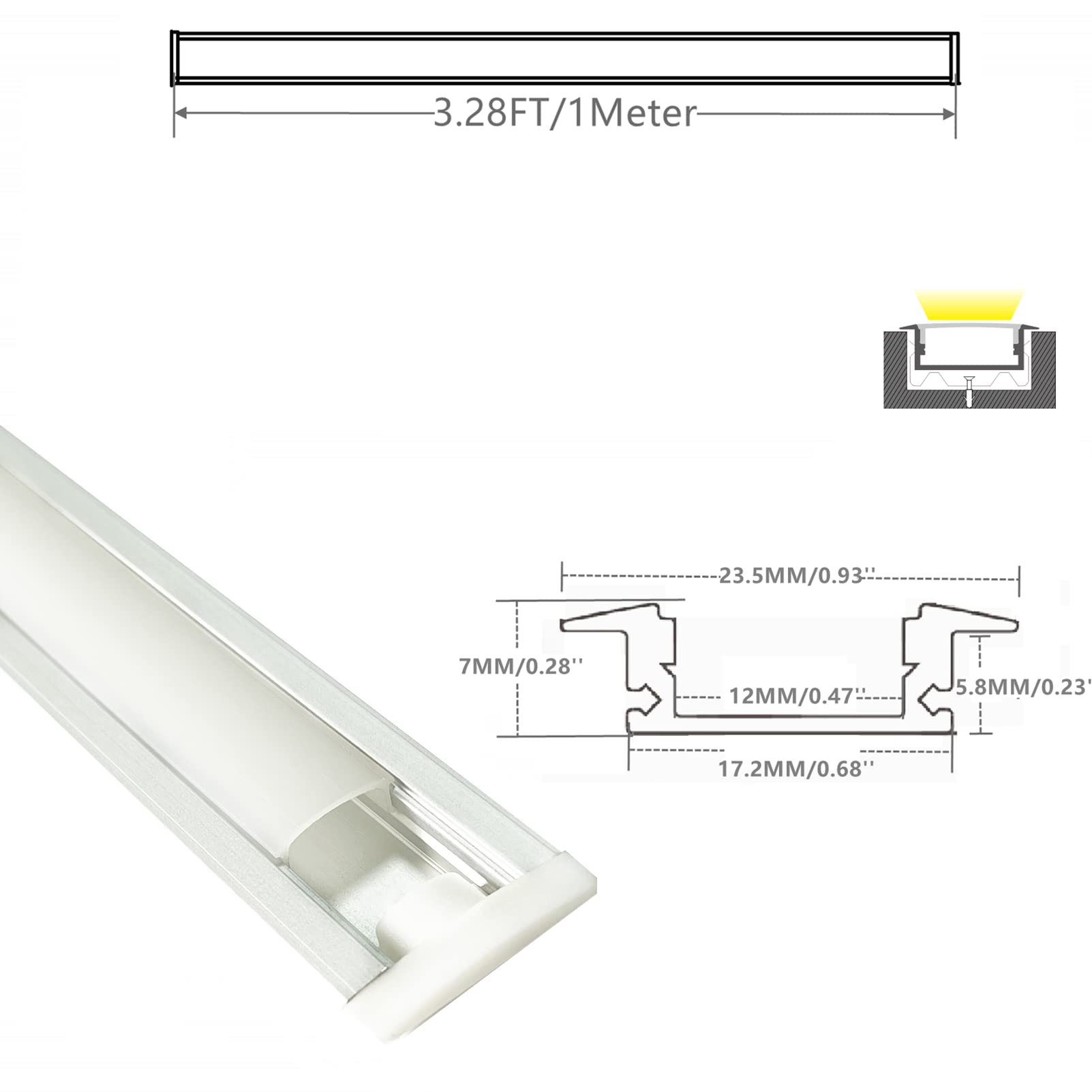 Thmoother 10-Pack 3.3Ft 1M Recessed Led Strip Channel Diffuser System, 25X7Mm Collar Aluminum Low Profile For Standing Cabinet Floating Shelf Alcove Routed Slot Tape Light With Milky Cover And Clips