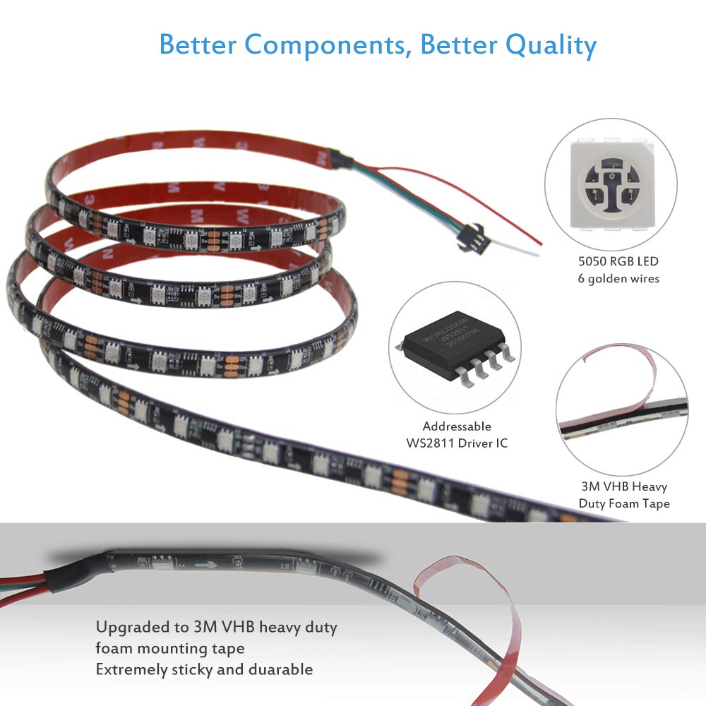 ALITOVE RGB LED Strip Lights 16.4ft 300 LEDs WS2811 IP65 Waterproof Black FPCB