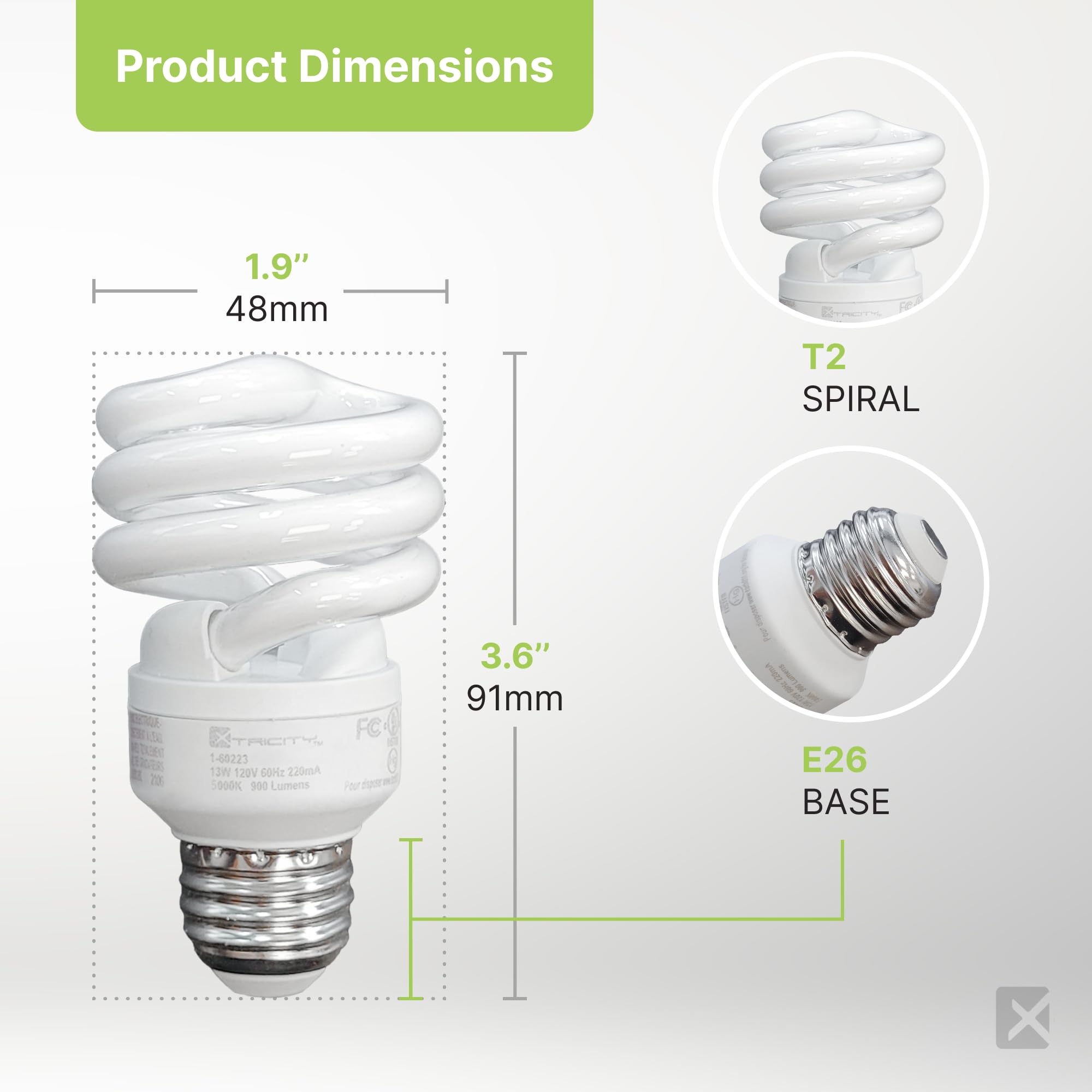 Xtricity Compact Fluorescent Light Bulb 9W (40W Equivalent) 5000K Daylight, E26 Base, 540 Lumens, 8 Pack