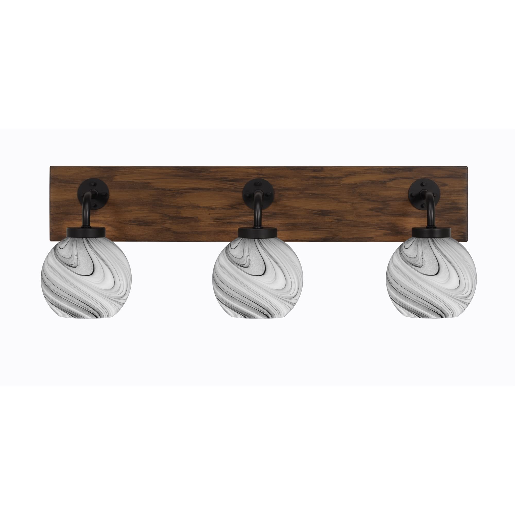 Oxbridge 3 Light Bath Bar In Matte Black & Painted Wood-Look Metal Finish With 5.75" Onyx Swirl Glass