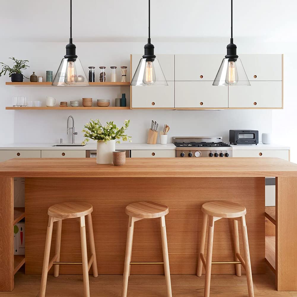 Yosoan 1-Light Vintage Edison Hanging Pendant Light, Mini Semi Flush Mount Light Fixture Funnel Flared Clear Glass Shade For Kitchen Bathroom Porch Living Room Dinning Room Hotels Bar Island(Black)