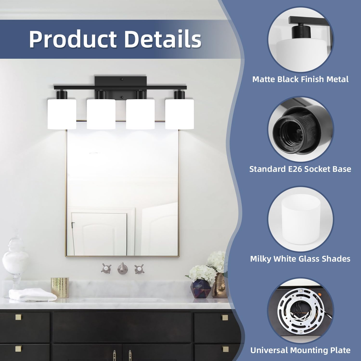 SILAMPDI 4-Light Black Bathroom Vanity Light Fixture, Modern Wall Sconce with Milky White Glass Shades, Model SLD-JQD-005