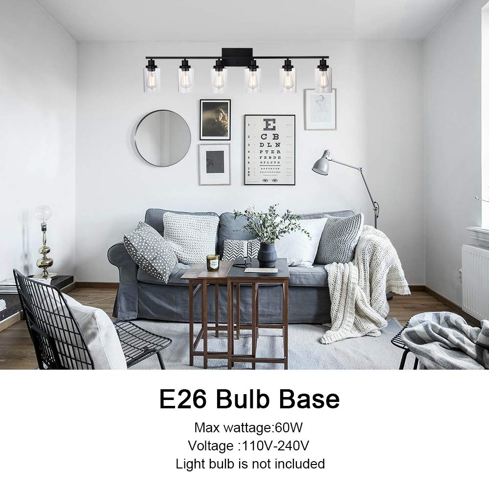 MELUCEE Black Vanity Light Fixture 6-Light Industrial Metal Wall Sconce Bathroom Lighting for Bedroom Hallway Kitchen, Clear Gla