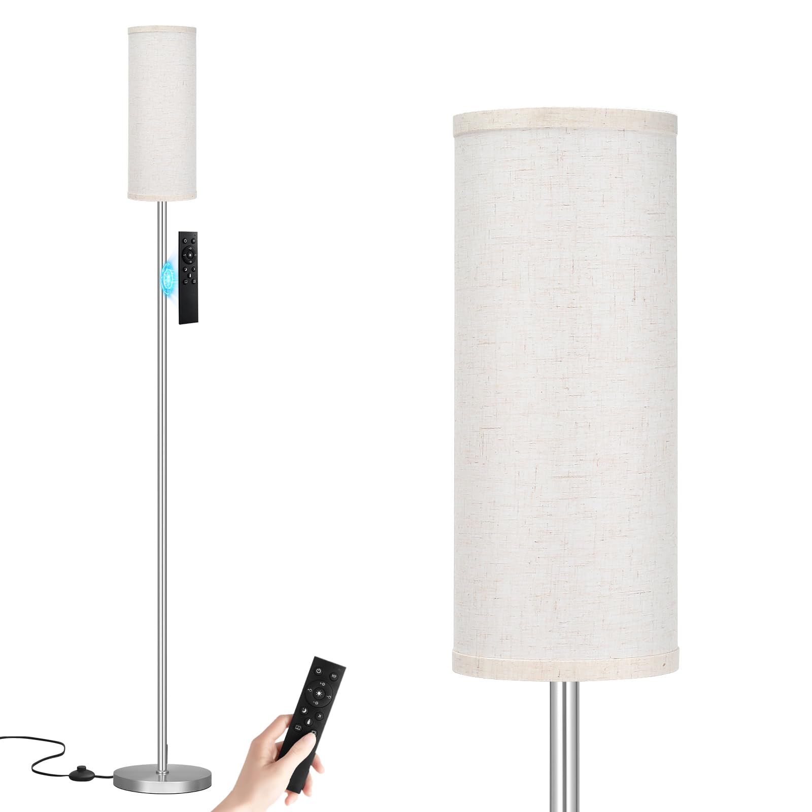 Ambimall 64'' Floor Lamps for Living Room with Remote Control and Stepless Dimmable Colors Temperature & Brightness, 9W Bulb Included(Beige Lampshade & Silver Pole)