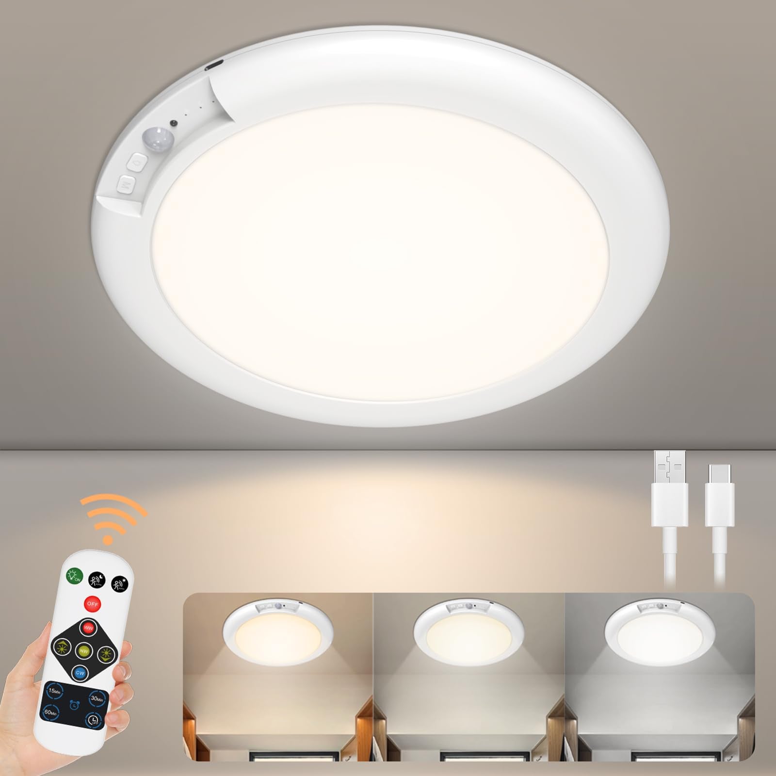 WhitePoplar Rechargeable Motion Sensor Closet Light with Remote - Magnetic Wireless Ceiling Lights Battery Operated, 400LM Close