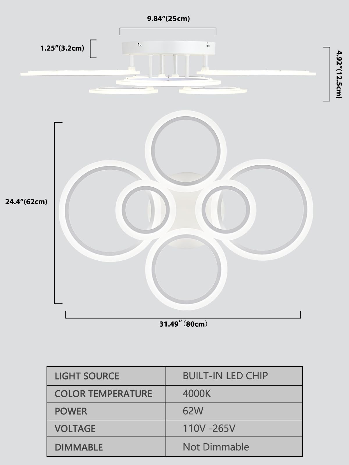 Vikaey Modern Led Flush Mount Ceiling Light, 6 Rings White Close To Ceiling Light, Lighting Fixture Ceiling Lamp For Kitchen, Living Room, Bedroom, Laundry Room, 4000K Not Dimmable
