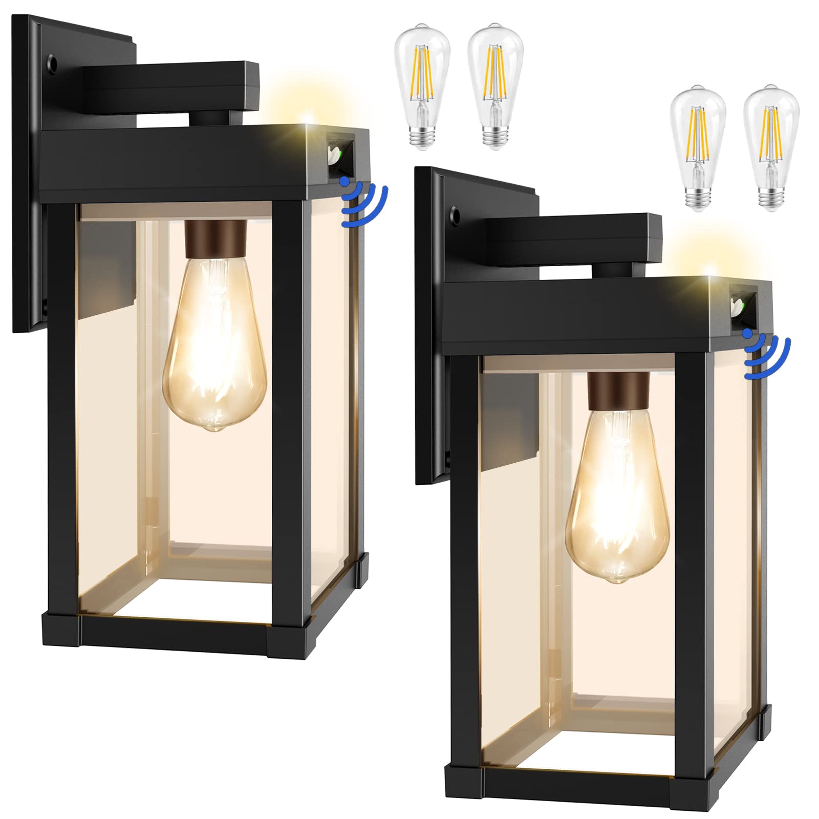 AEQ Solar Wall Lights Outdoor, 3 Lighting Modes, Motion Sensor, Black, 5.8 x 5.8 x 13.58 in, Model AE06, 2 Pack