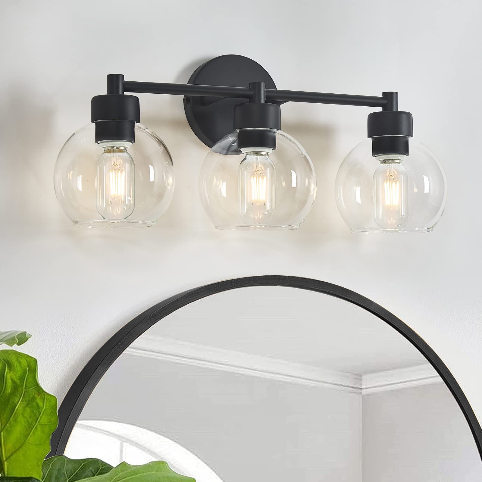 yenlacy Bathroom Light Fixtures, Matte Black Vanity Light 3 Light, Globe Glass Shade, Metal Base, Model HSL-B85-045-03-BK