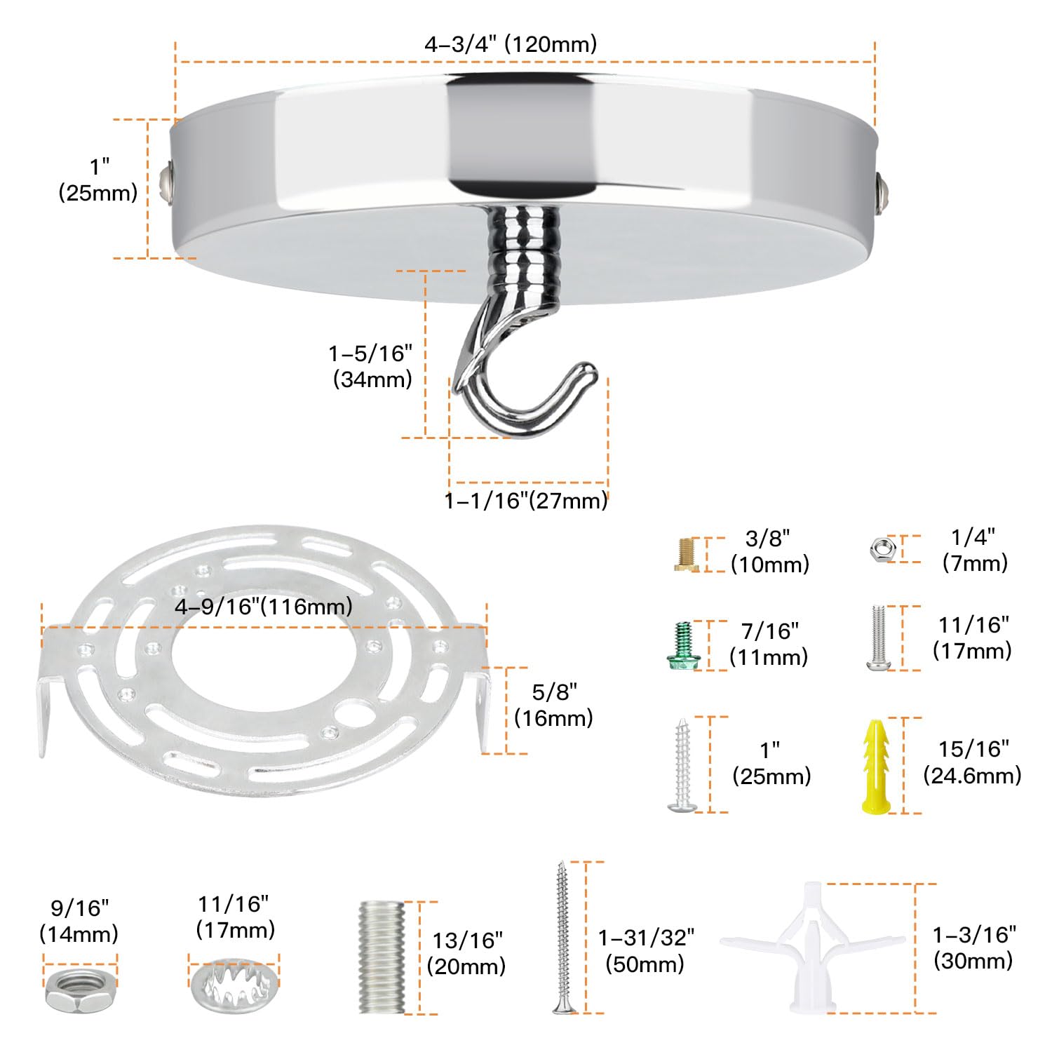 Helunsi Ceiling Canopy Kit - 4-3/4 Aluminum Pendant Light Cover Plate, Silver, Rated 20Lb, Model As-001, Pack Of 1