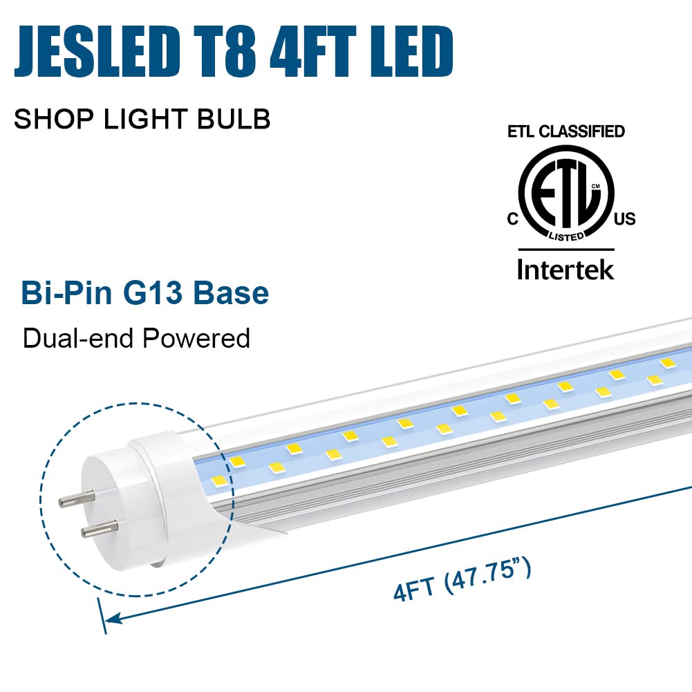 Jesled T8 4Ft Led Type B Light Bulbs, 24W 6000K-6500K, 3000Lm, T12 4 Foot Led Tubes Replacement For Fluorescent Fixtures, Clear, Dual Ended Power, Remove Ballast, Garage Warehouse Shop Lights(25-Pack)