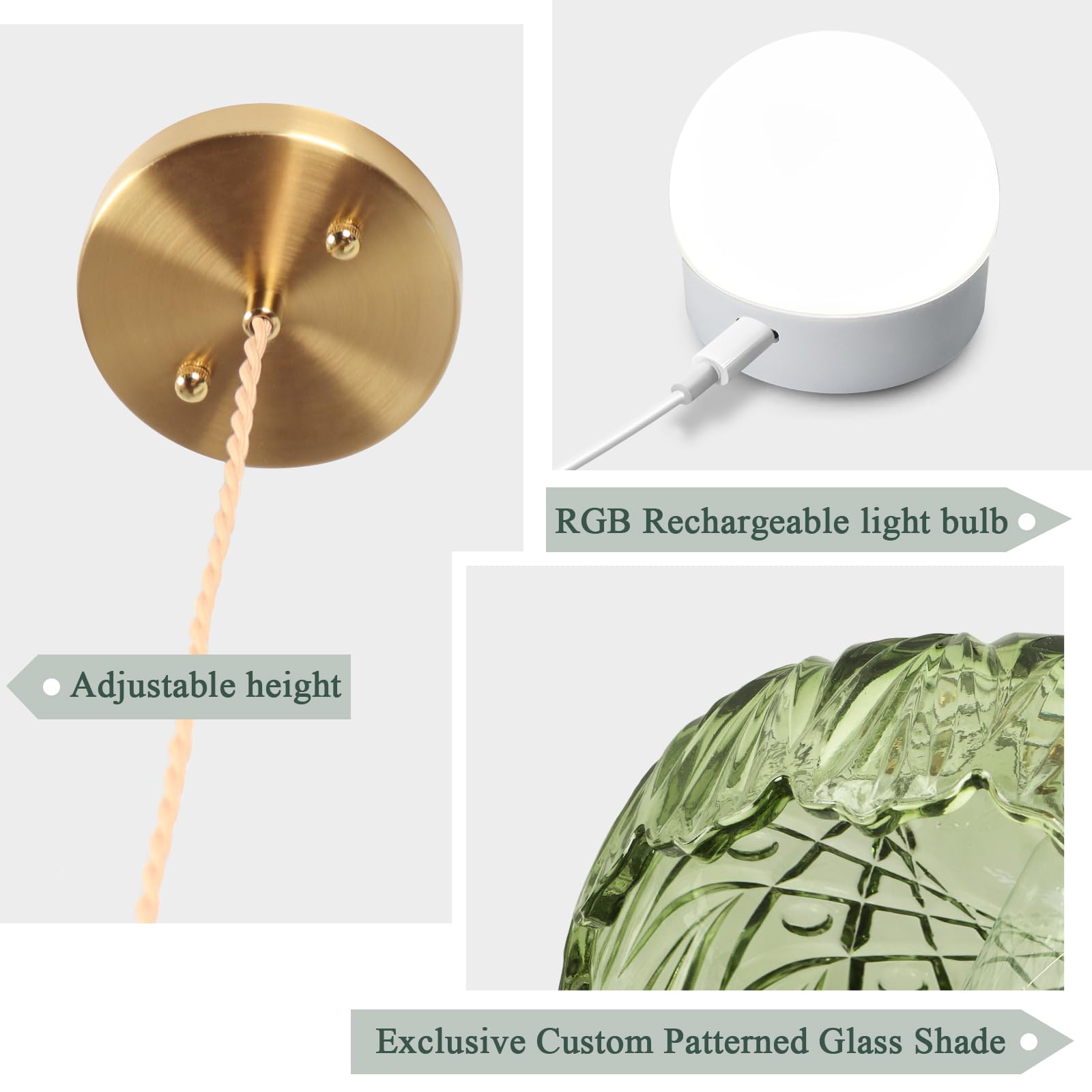 Loiogohot Battery Operated Pendant Light, Vintage RGB Chandelier 9.4in, Glass, Scindapsus Green, Model PL-BN1167-CD-GN