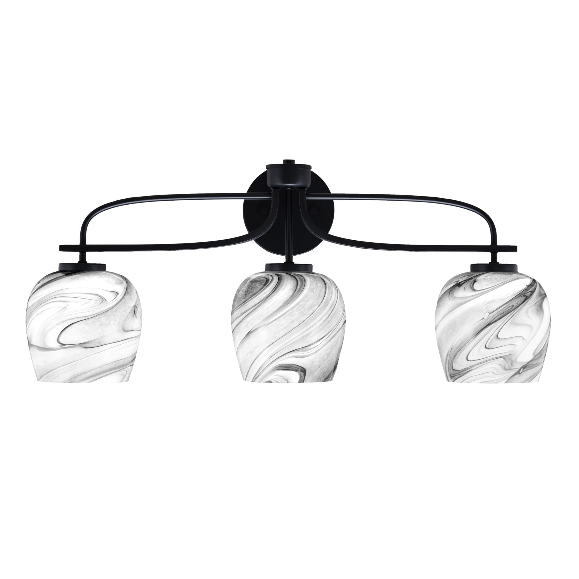 Cavella 3 Light Bath Bar Shown In Matte Black Finish With 6" Onyx Swirl Glass
