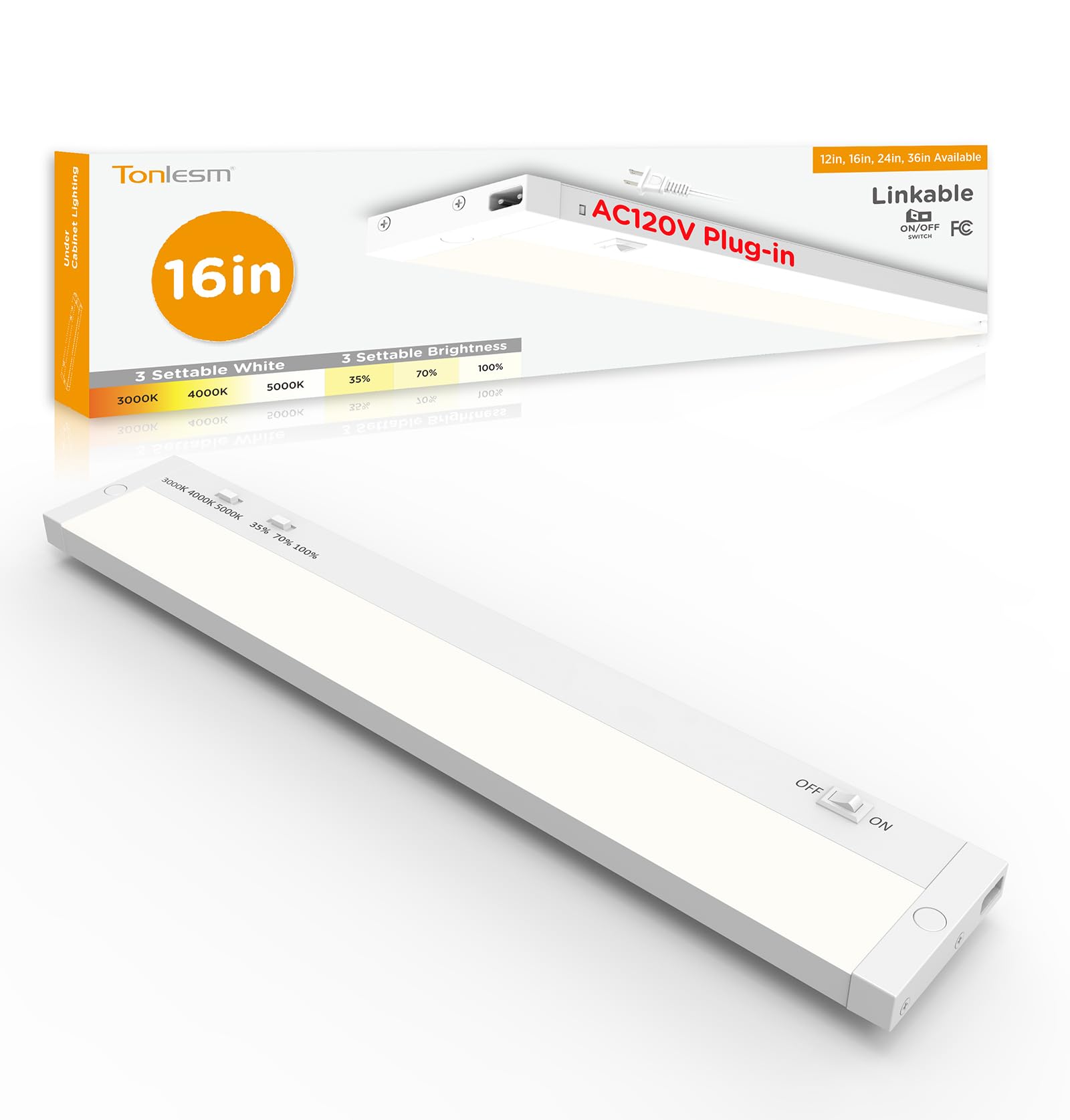 Tonlesm 16 Inch Under Cabinet Lighting Plug in  9W 120V 3 Color 3000K/4000K/5000K  3 Brightness  Super Bright  Ultra Thin Under Counter Lights for Kitchen  Linkable LED Cabinet Light  White