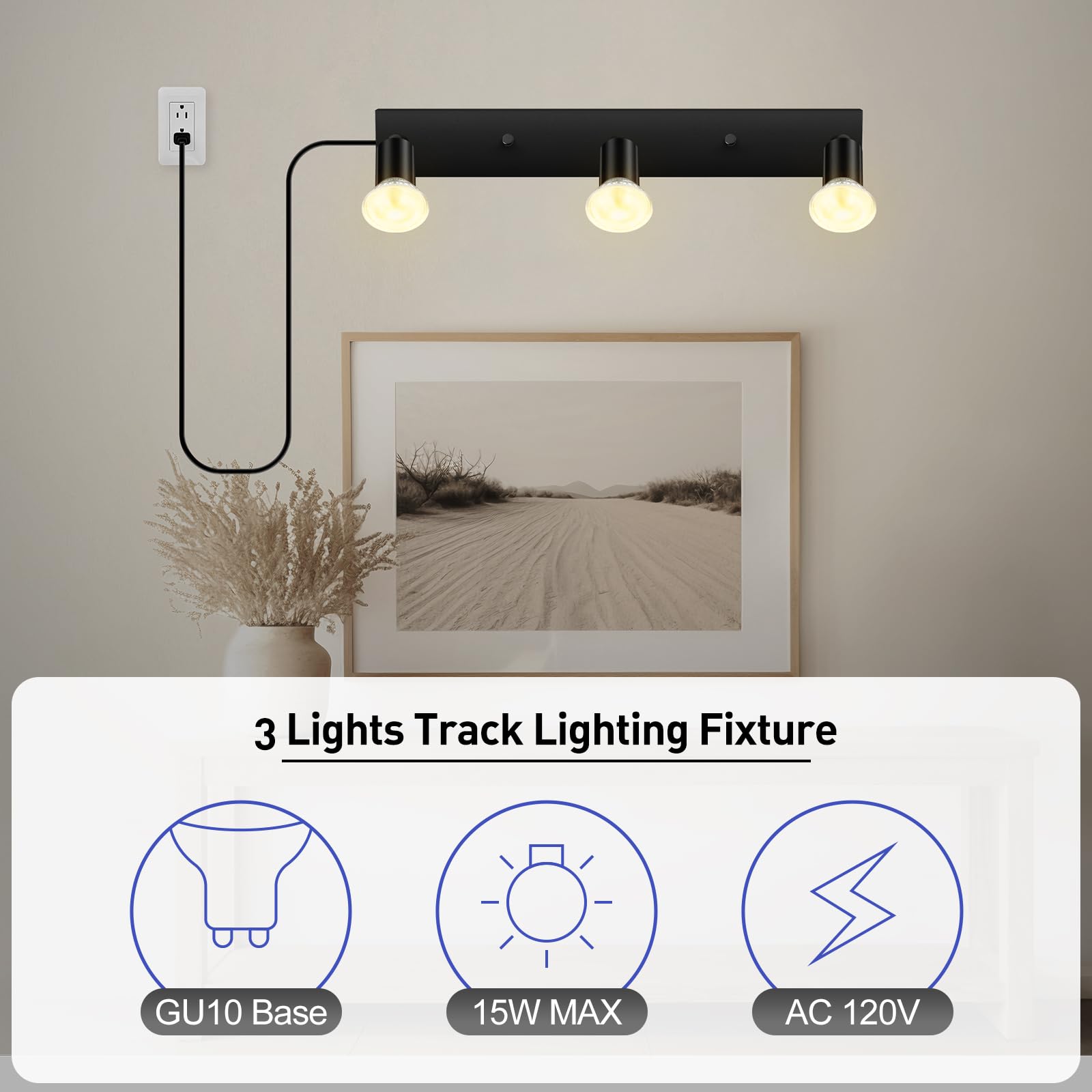 AUQUEE 16" Plug in Track Lighting Fixture, Black GU10 Wall Spotlight, Rotatable Head, 15ft Power Cord, Ideal for Kitchen & Living Room