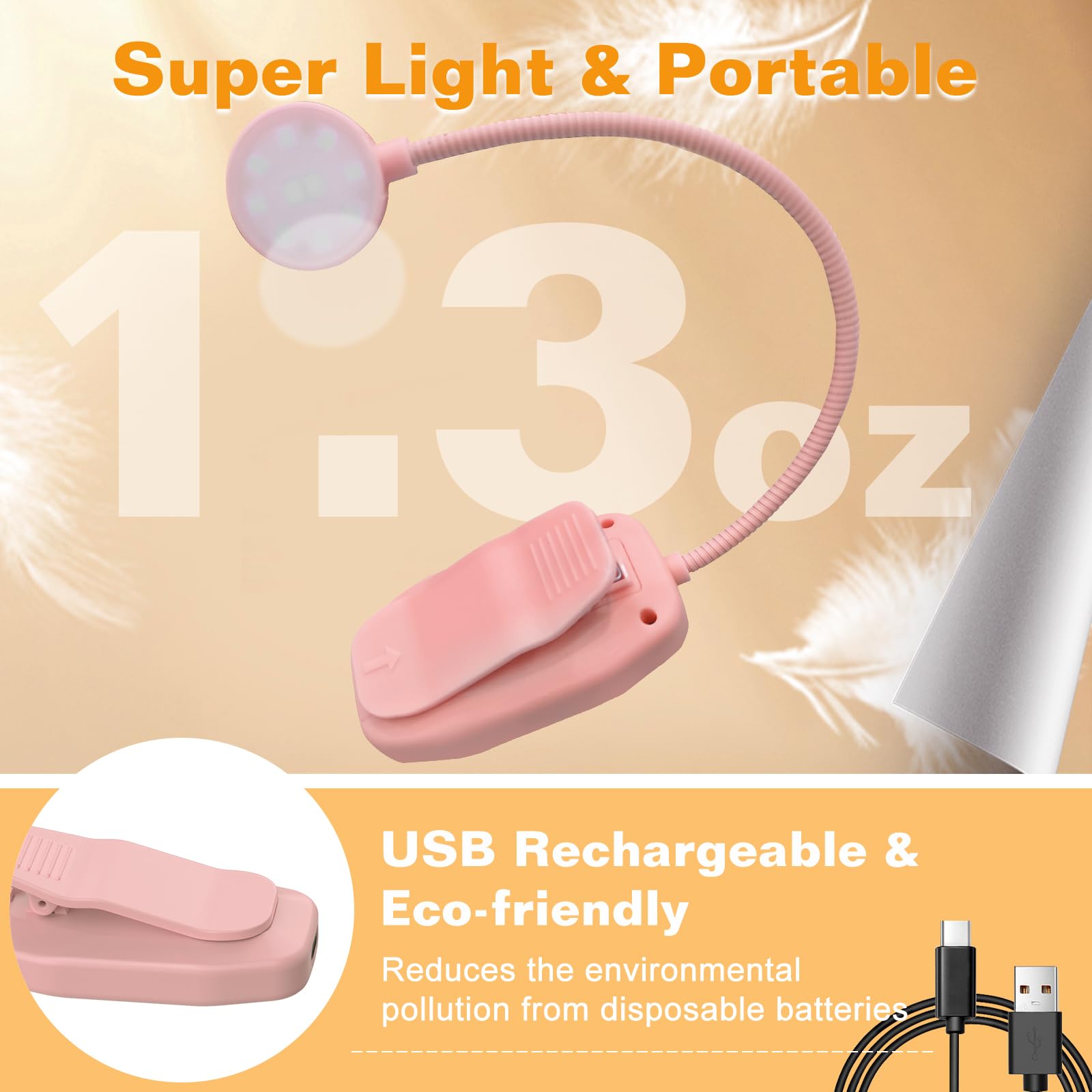 KTEBO Rechargeable Book Reading Light - Adjustable Brightness, 3 Color Temperatures, 30+ Hours Runtime, Black & Pink, Model BHLBL-3