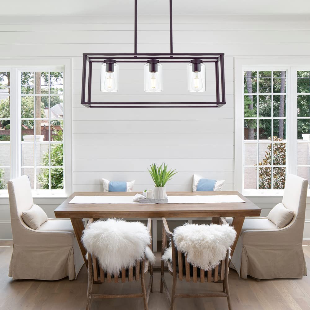VINLUZ 3-Light Pendant Chandelier, Metal, Oil-Rubbed Bronze, Modern Design, Clear Glass Shades, Model 1811-3-19