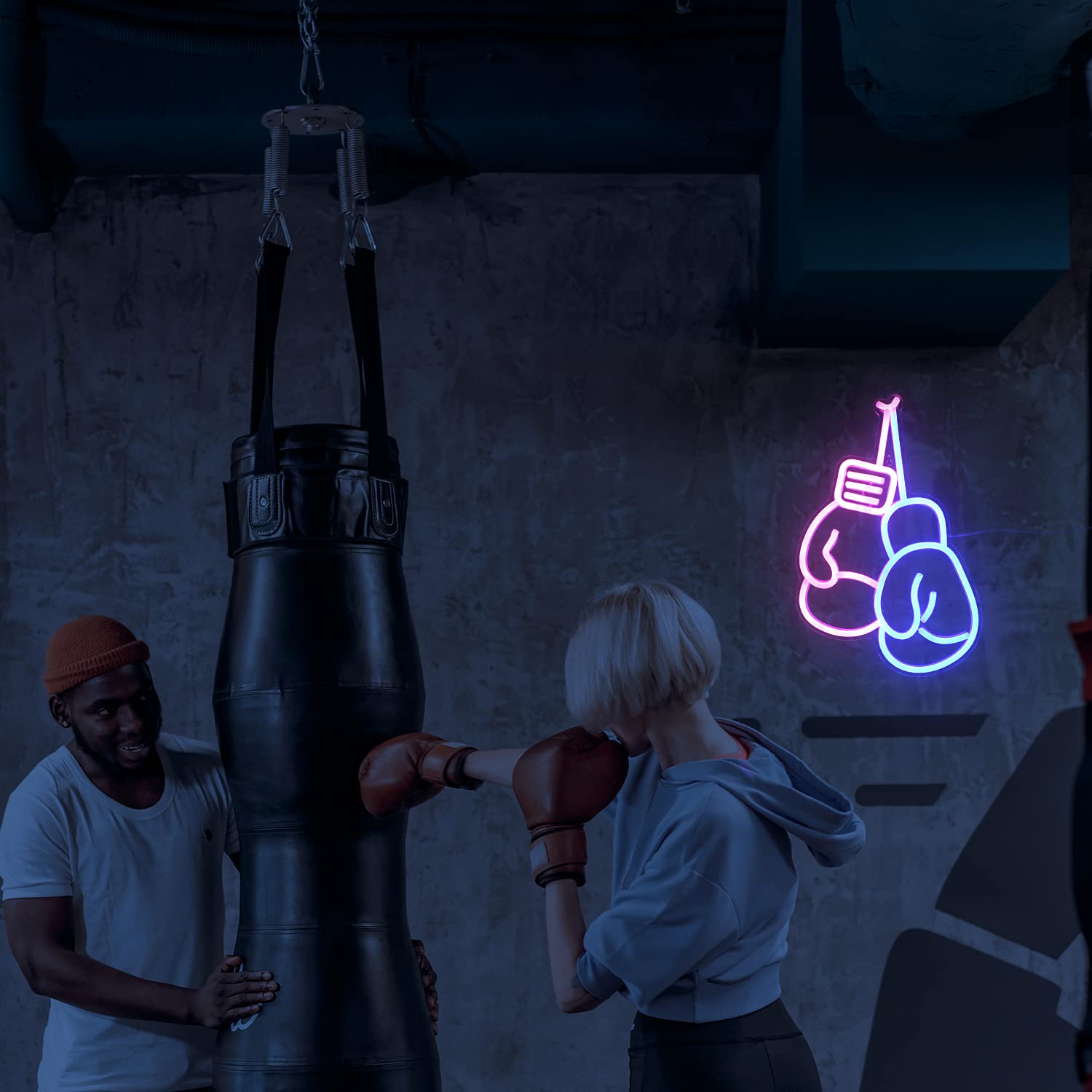 LUCUNSTAR Boxing Gloves Neon Light Sign, Acrylic, USB/Switch, Pink Blue, Model NS-DC-009, Gym Wall Decoration