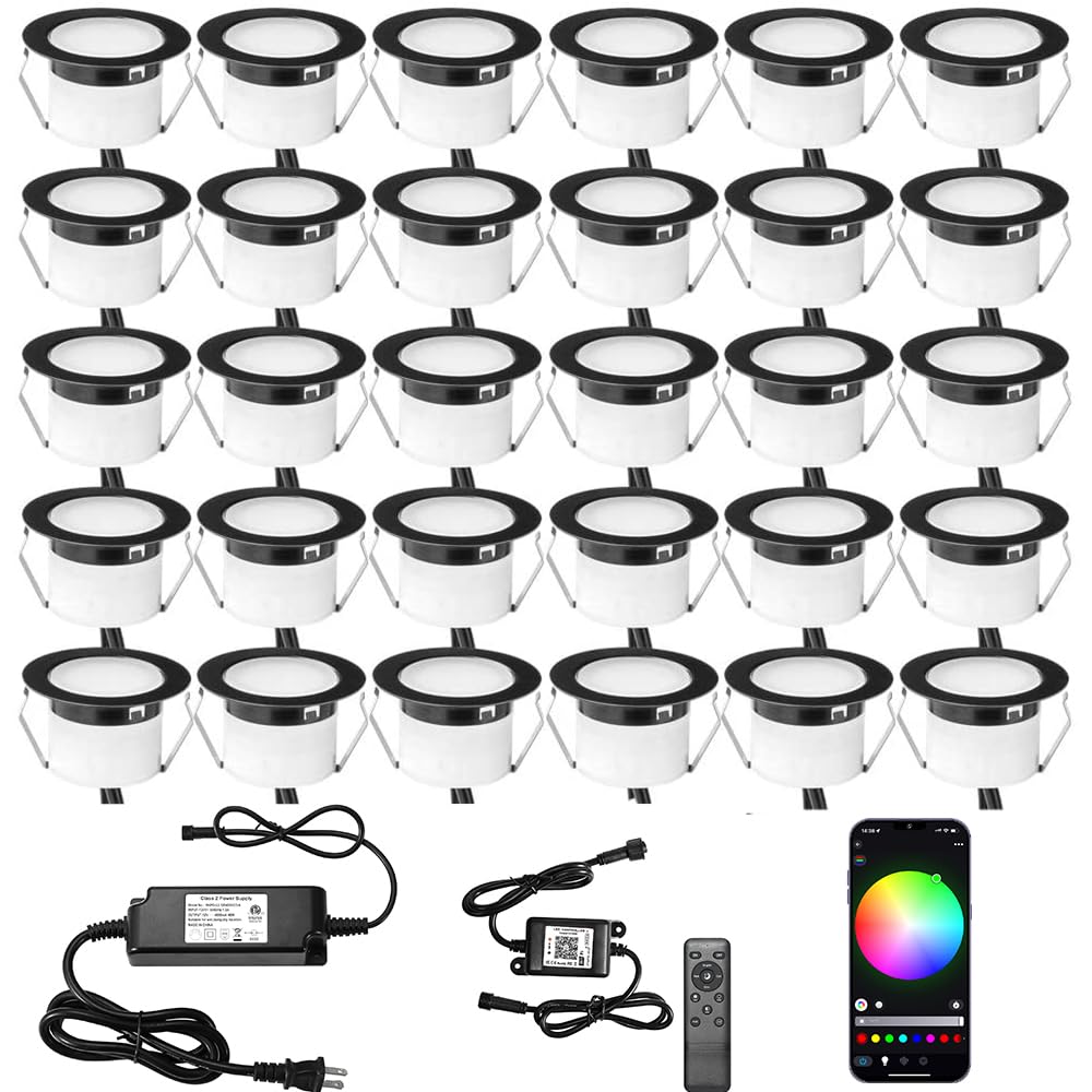 Sumaote LED Deck Light Kit, 30pcs WiFi RGBW Recessed Lights, IP67 Waterproof, Black, Model SUUD45B554WIFI