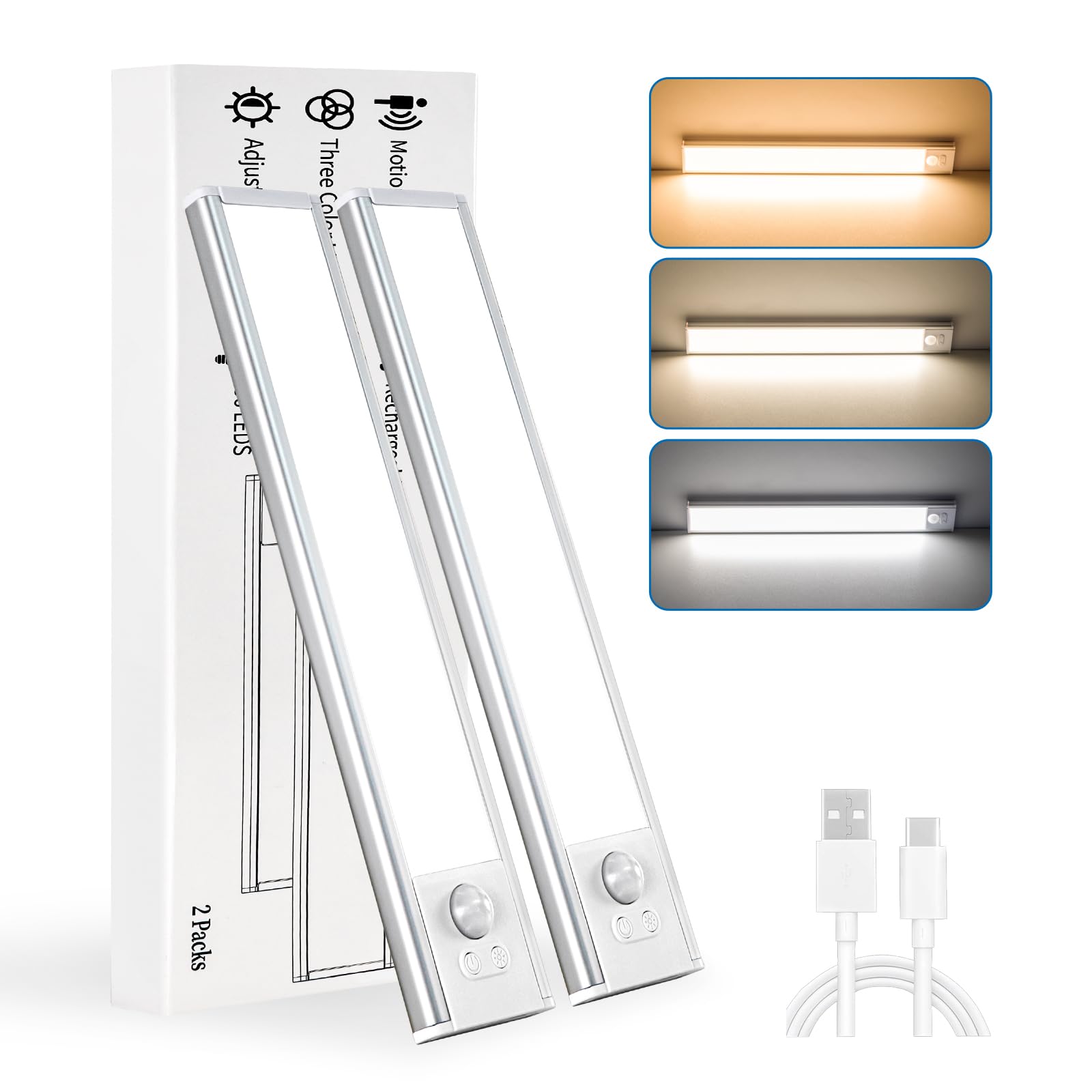 XLYS Under Cabinet Lighting Wireless with Function Display, 2200 mAh Rechargeable Closet Lights Motion Sensored, 3 Color Temps &